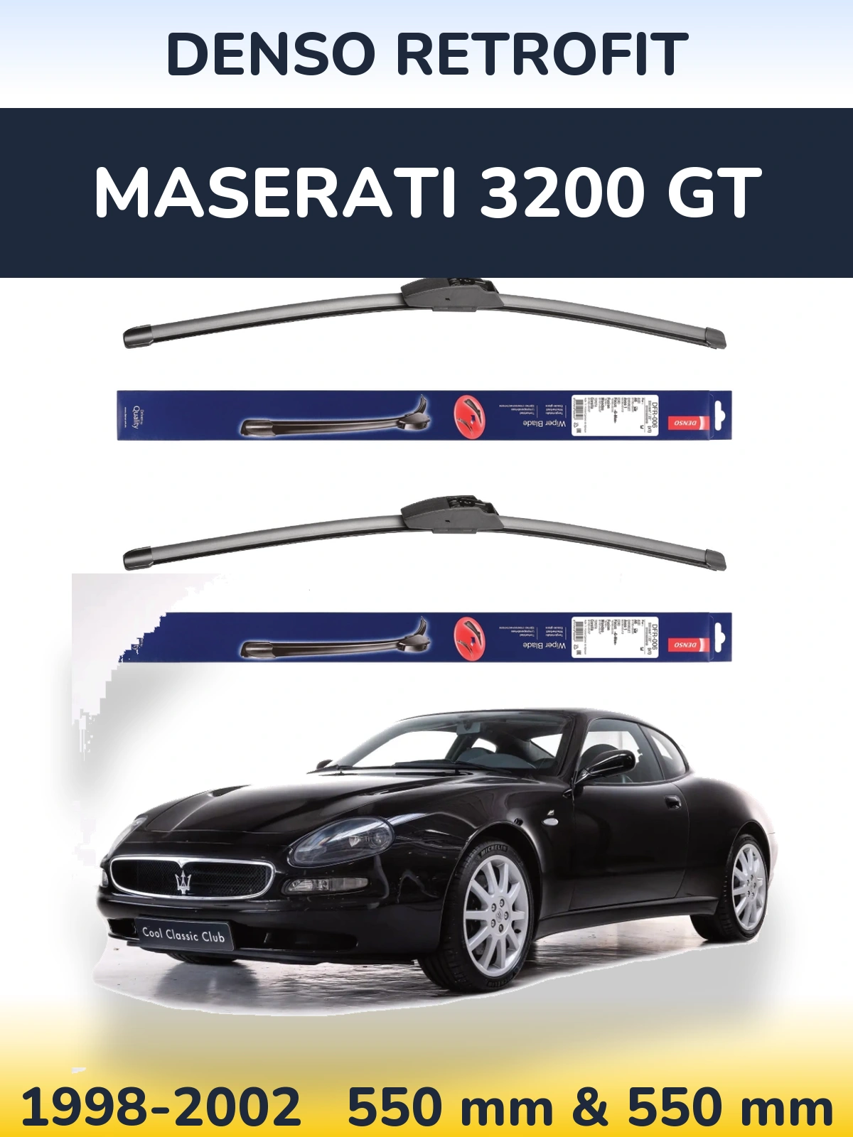 Sada předních stěračů Denso Retrofit 550 a 550 mm pro Maserati 3200 GT 1998-2002
