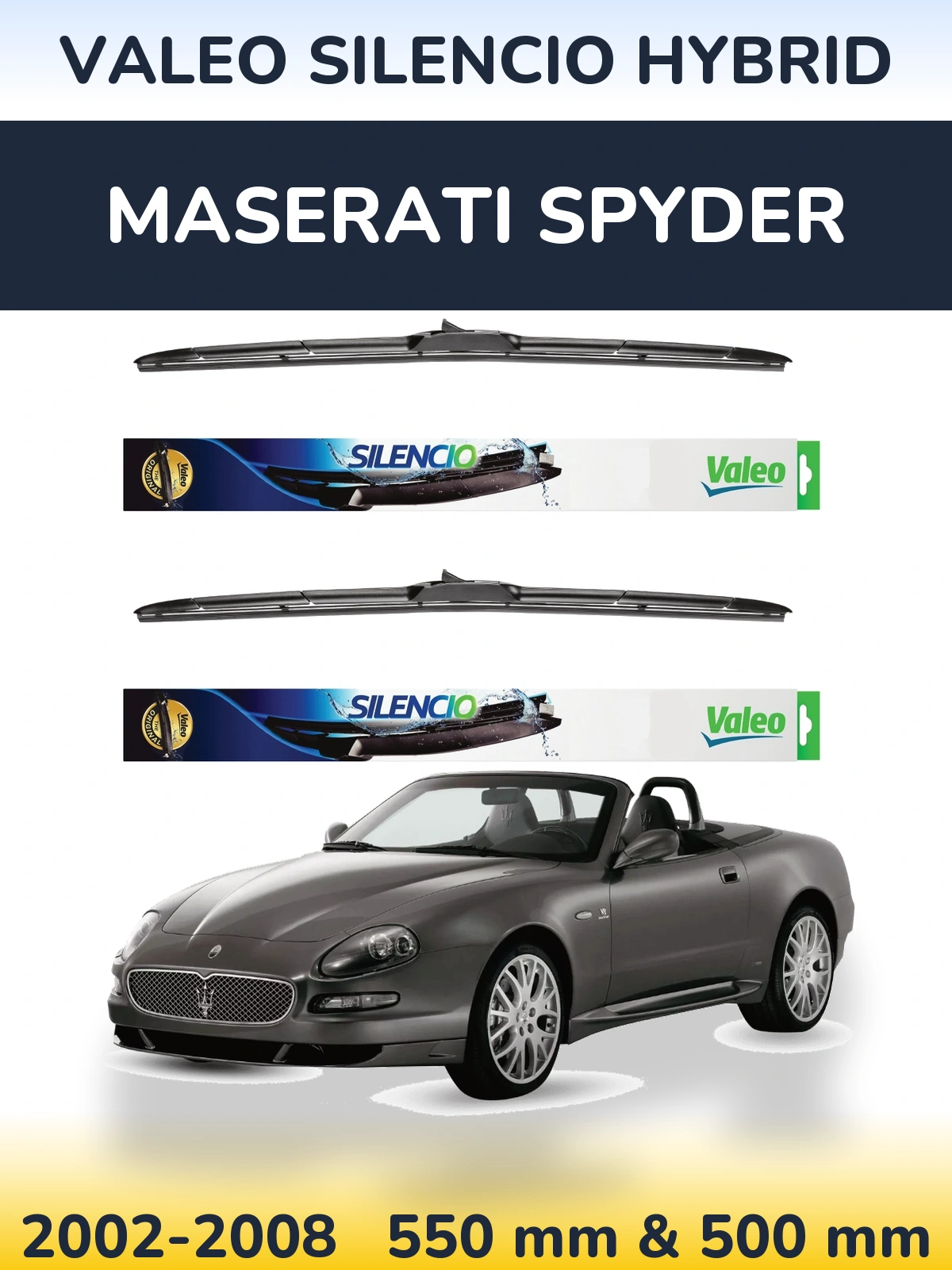 Sada předních stěračů Valeo Silencio Hybrid 550 a 500 mm pro Maserati Spyder 2002-2008