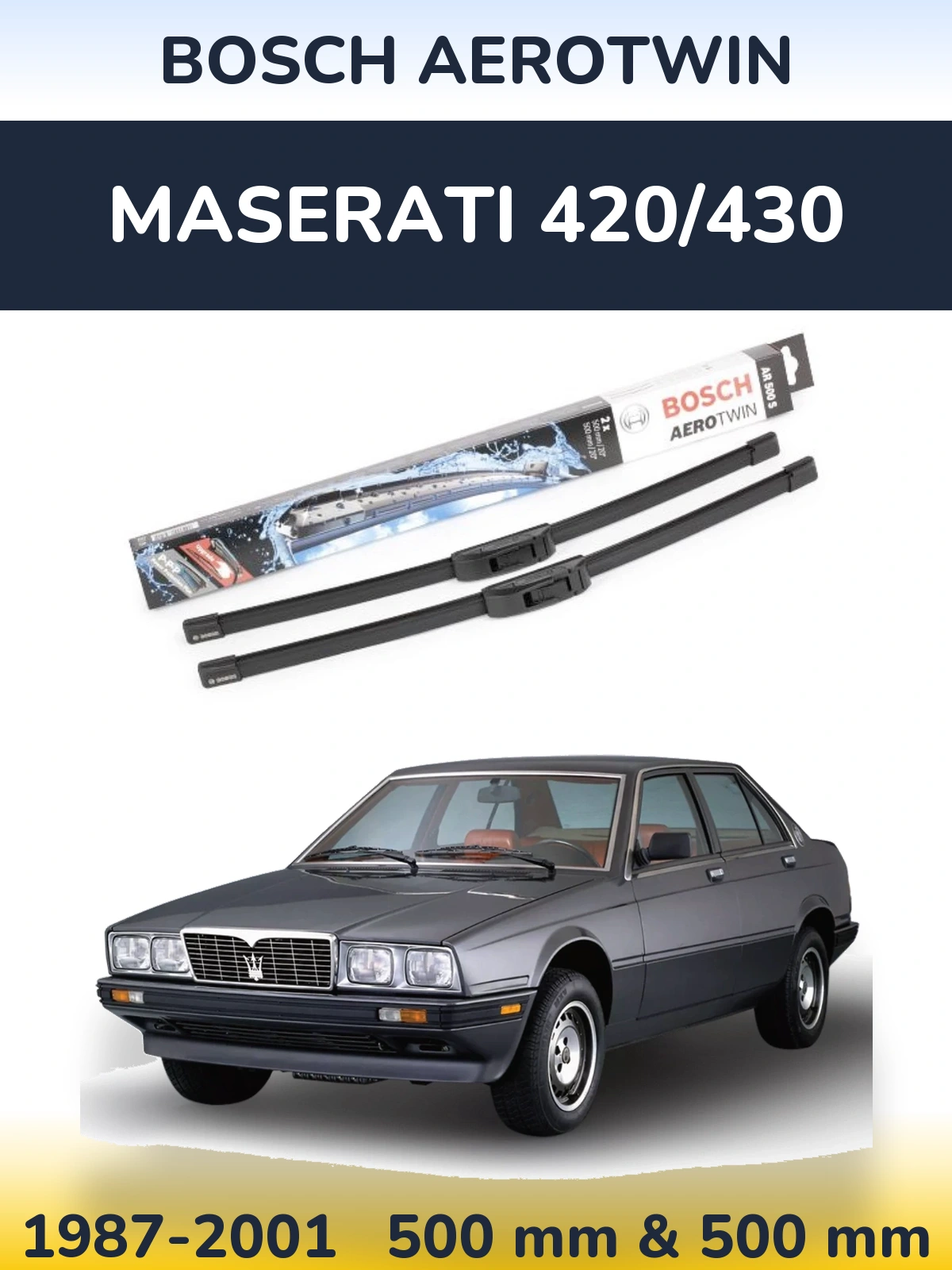 Sada předních stěračů BOSCH AeroTwin 500 a 500 mm pro Maserati 420/430 1987-2001