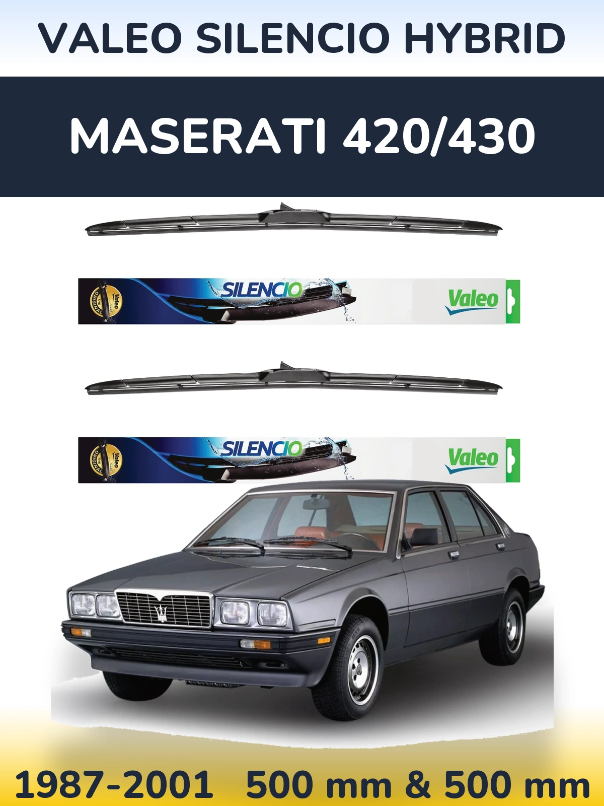Sada předních stěračů Valeo Silencio Hybrid 500 a 500 mm pro Maserati 420/430 1987-2001