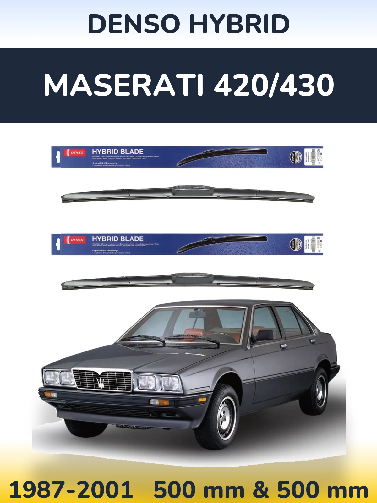 Sada předních stěračů Denso Hybrid 500 a 500 mm pro Maserati 420/430 1987-2001