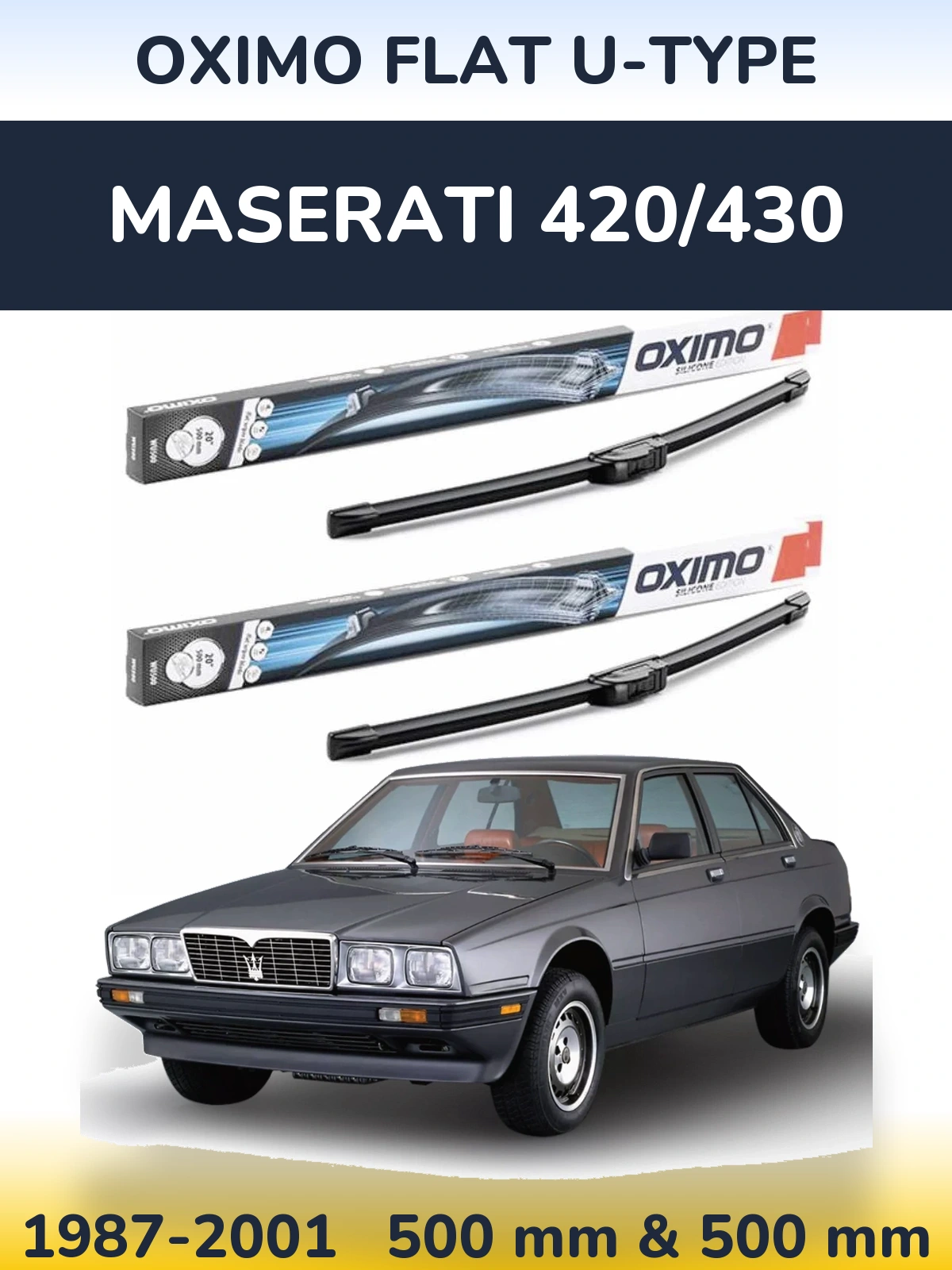 Sada předních stěračů Oximo Flat U-type 500 a 500 mm pro Maserati 420/430 1987-2001