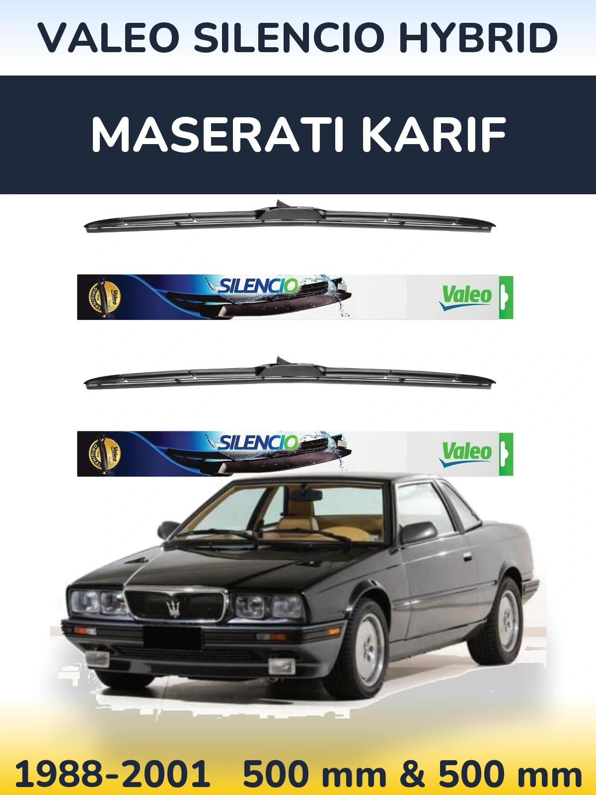 Sada předních stěračů Valeo Silencio Hybrid 500 a 500 mm pro Maserati Karif 1988-2001