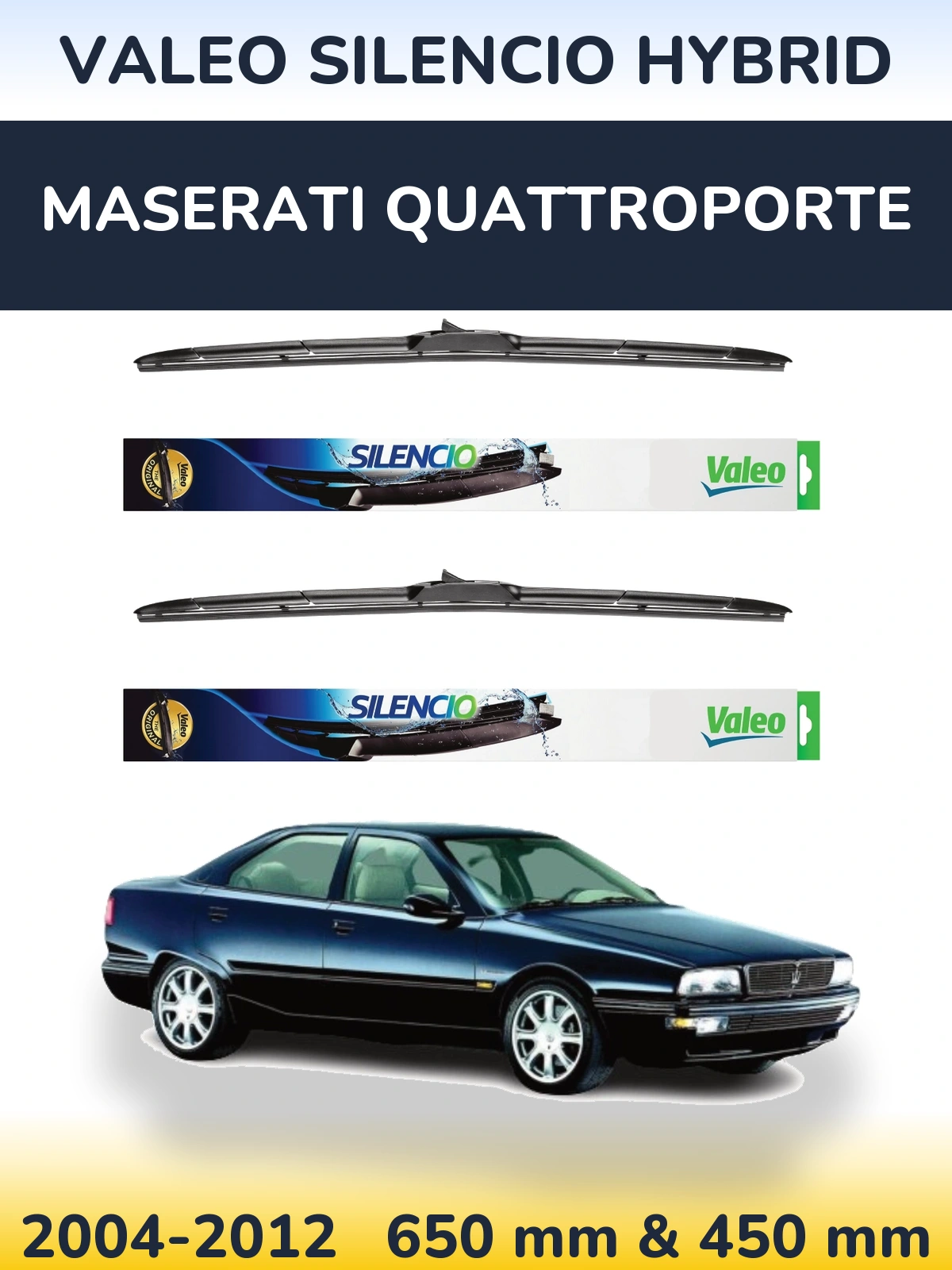 Sada předních stěračů Valeo Silencio Hybrid 650 a 450 mm pro Maserati Quattroporte 2004-2012