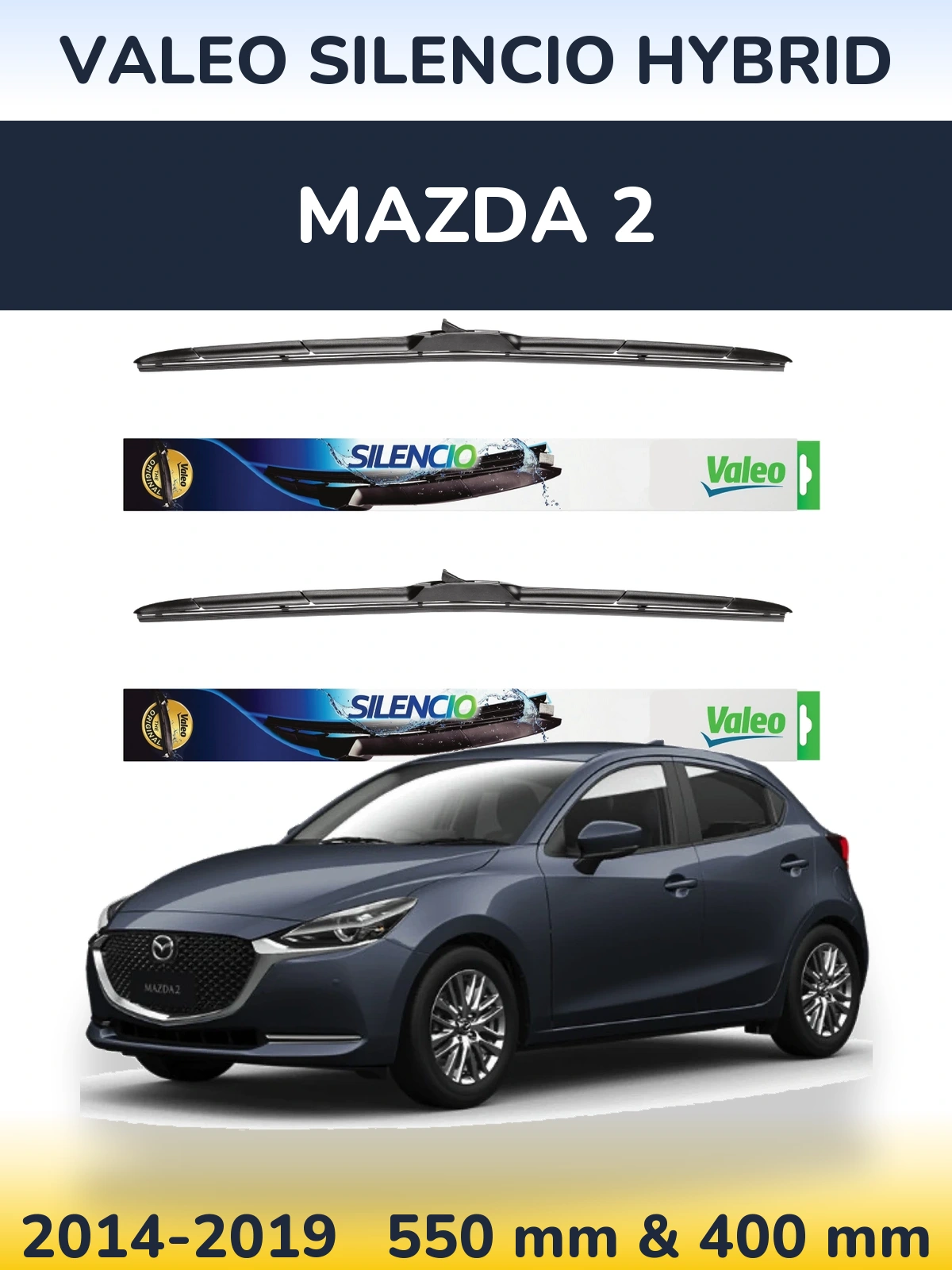 Sada předních stěračů Valeo Silencio Hybrid 550 a 400 mm pro Mazda 2 2014-2019