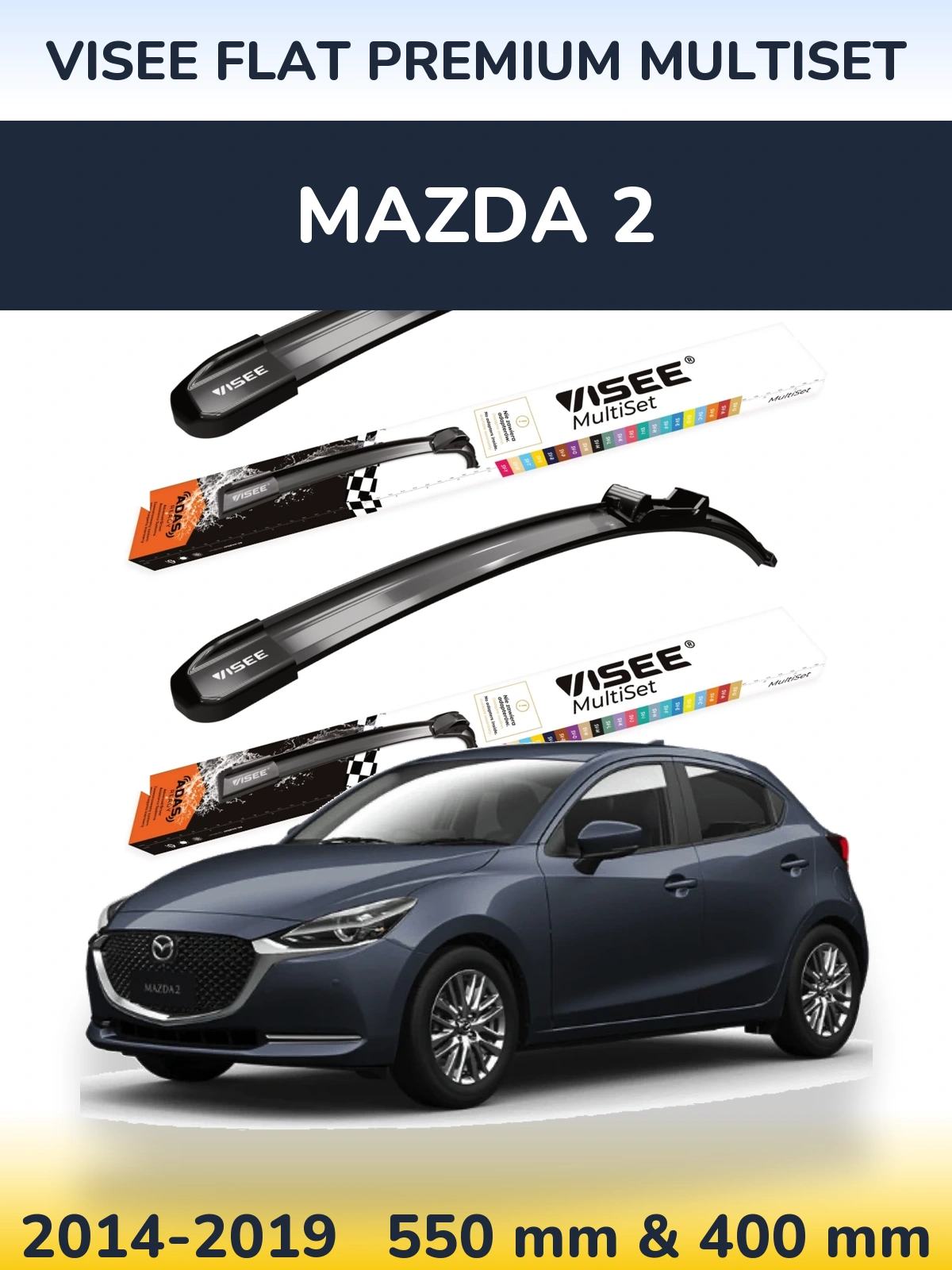 Sada předních stěračů VISEE FLAT PREMIUM MultiSet 550 a 400 mm pro Mazda 2 2014-2019