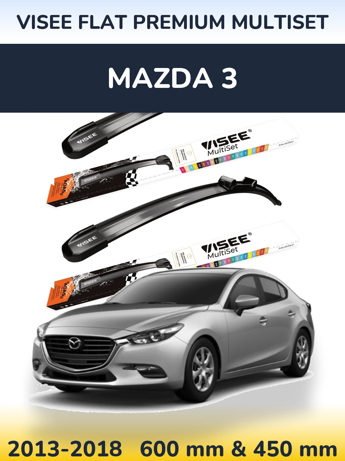 Sada předních stěračů VISEE FLAT PREMIUM MultiSet 600 a 450 mm pro Mazda 3 2013-2018