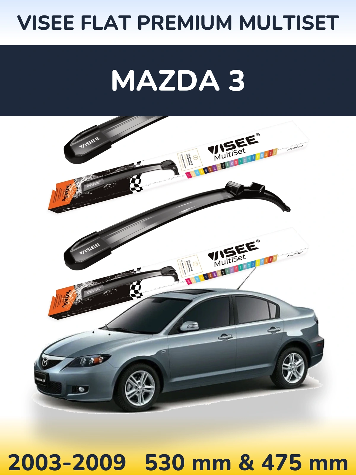 Sada předních stěračů VISEE FLAT PREMIUM MultiSet 530 a 475 mm pro Mazda 3 2003-2009