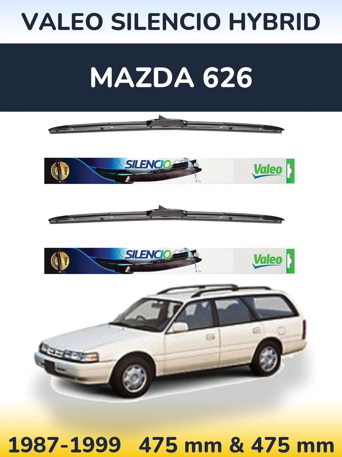 Sada předních stěračů Valeo Silencio Hybrid 475 a 475 mm pro Mazda 626 1987-1999