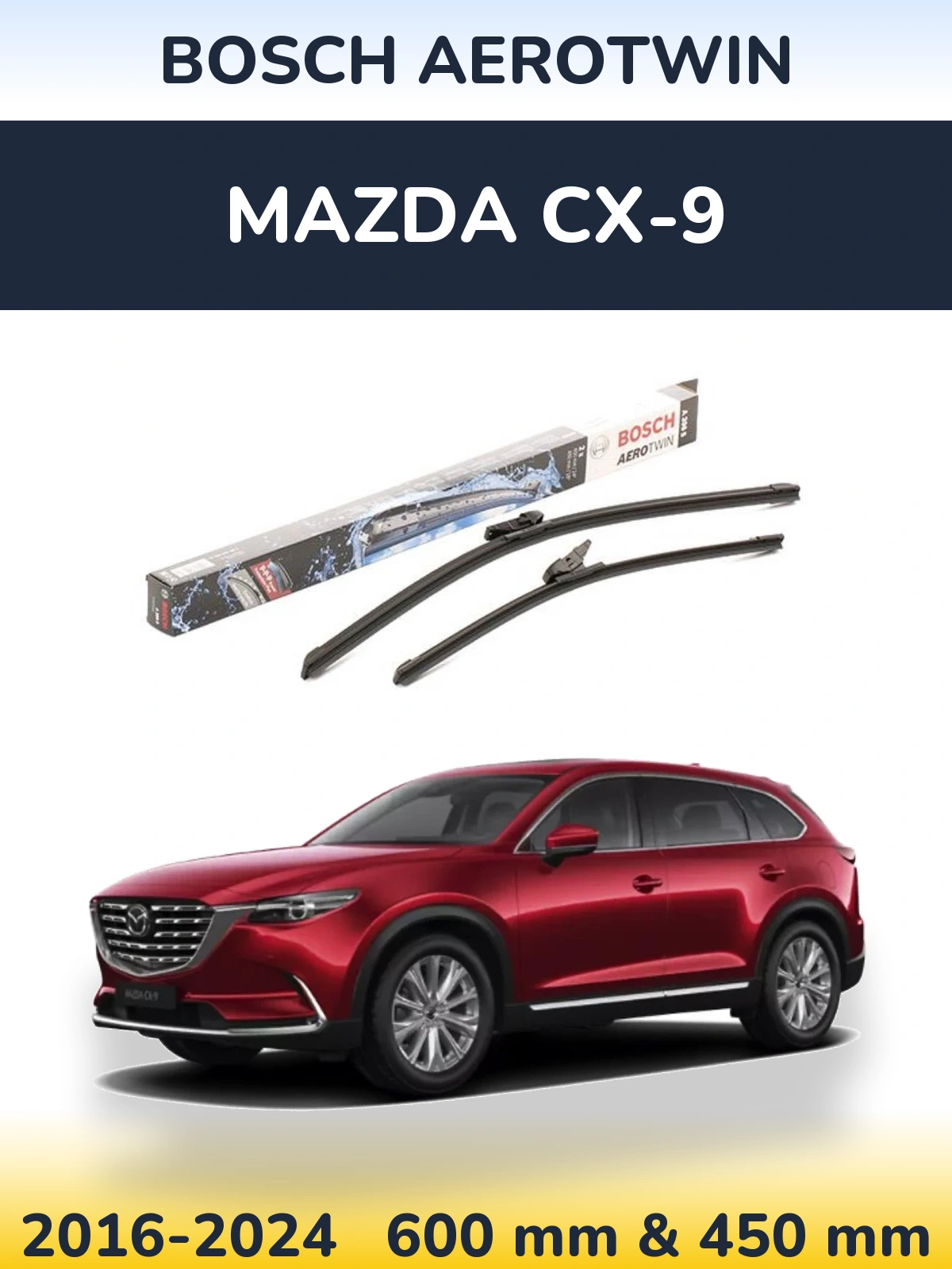 Комплект передніх щіток BOSCH AeroTwin 600 & 450 мм для Mazda CX-9 2016-2024