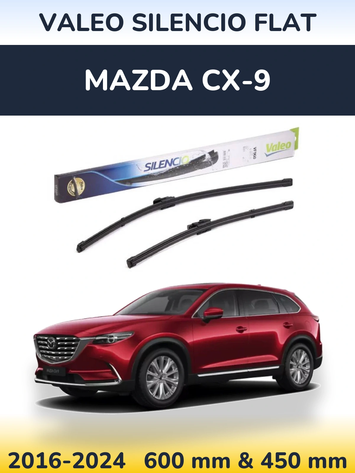 Sada předních stěračů Valeo Silencio Flat 600 a 450 mm pro Mazda CX-9 2016-2024