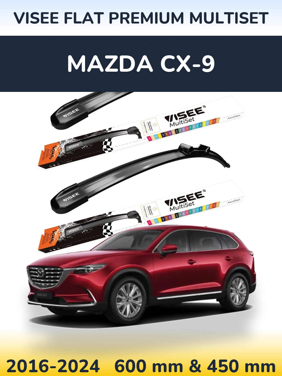 Sada předních stěračů VISEE FLAT PREMIUM MultiSet 600 a 450 mm pro Mazda CX-9 2016-2024