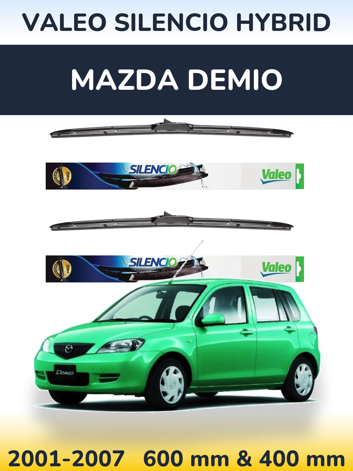 Sada předních stěračů Valeo Silencio Hybrid 600 a 400 mm pro Mazda Demio 2001-2007