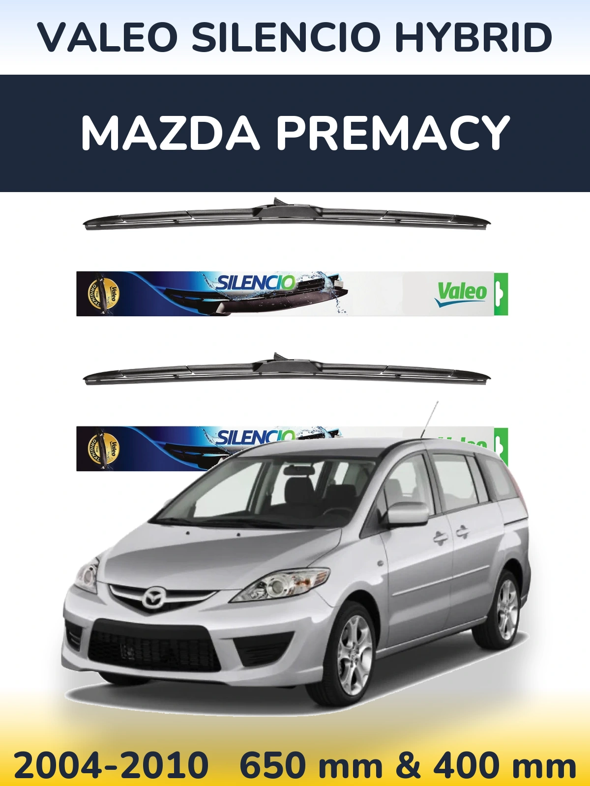 Sada předních stěračů Valeo Silencio Hybrid 650 a 400 mm pro Mazda Premacy 2004-2010