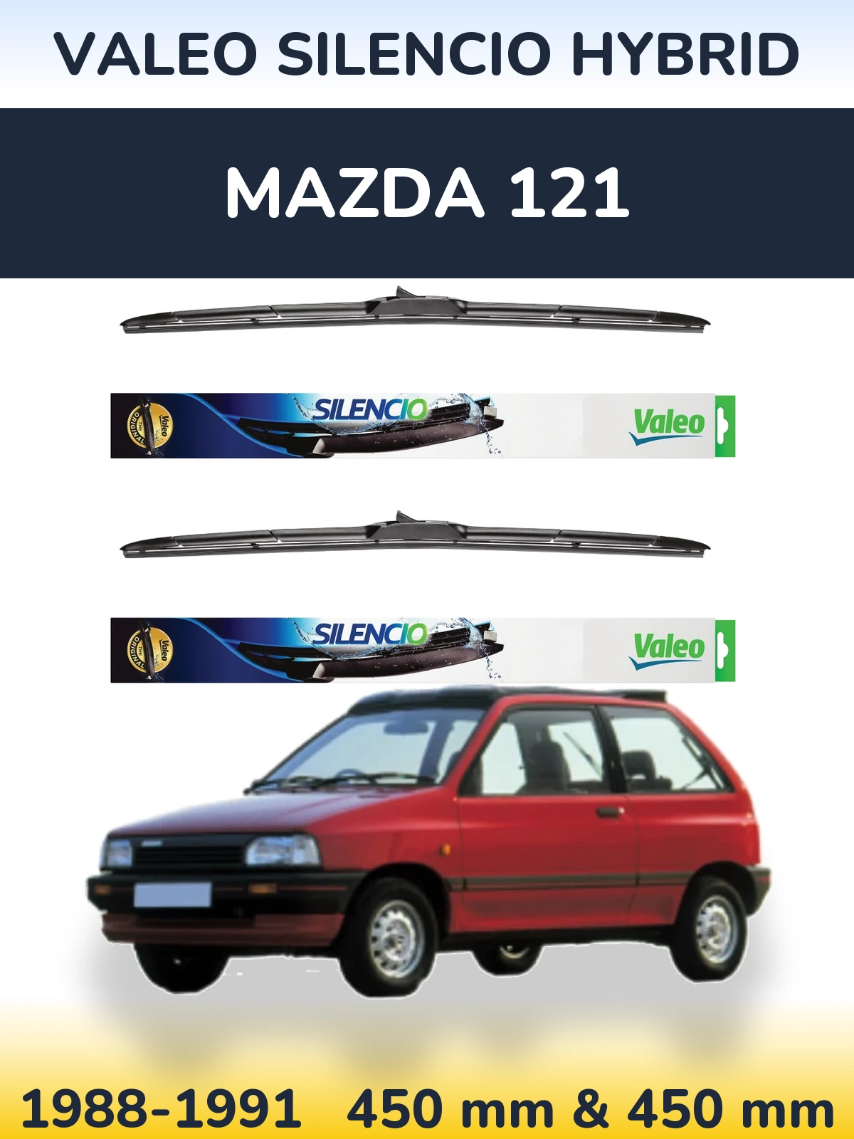 Sada předních stěračů Valeo Silencio Hybrid 450 a 450 mm pro Mazda 121 1988-1991