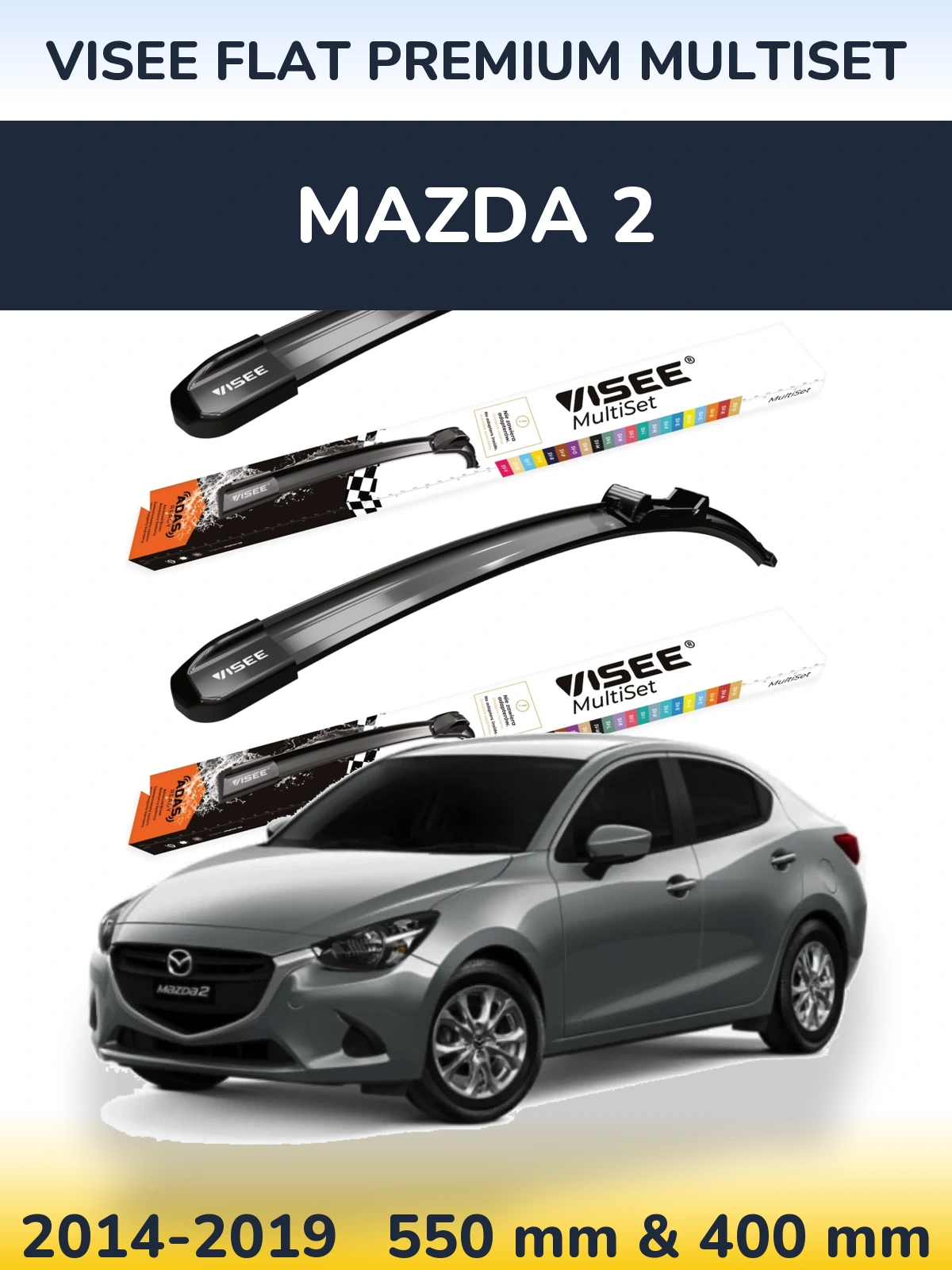 Sada předních stěračů VISEE FLAT PREMIUM MultiSet 550 a 400 mm pro Mazda 2 2014-2019