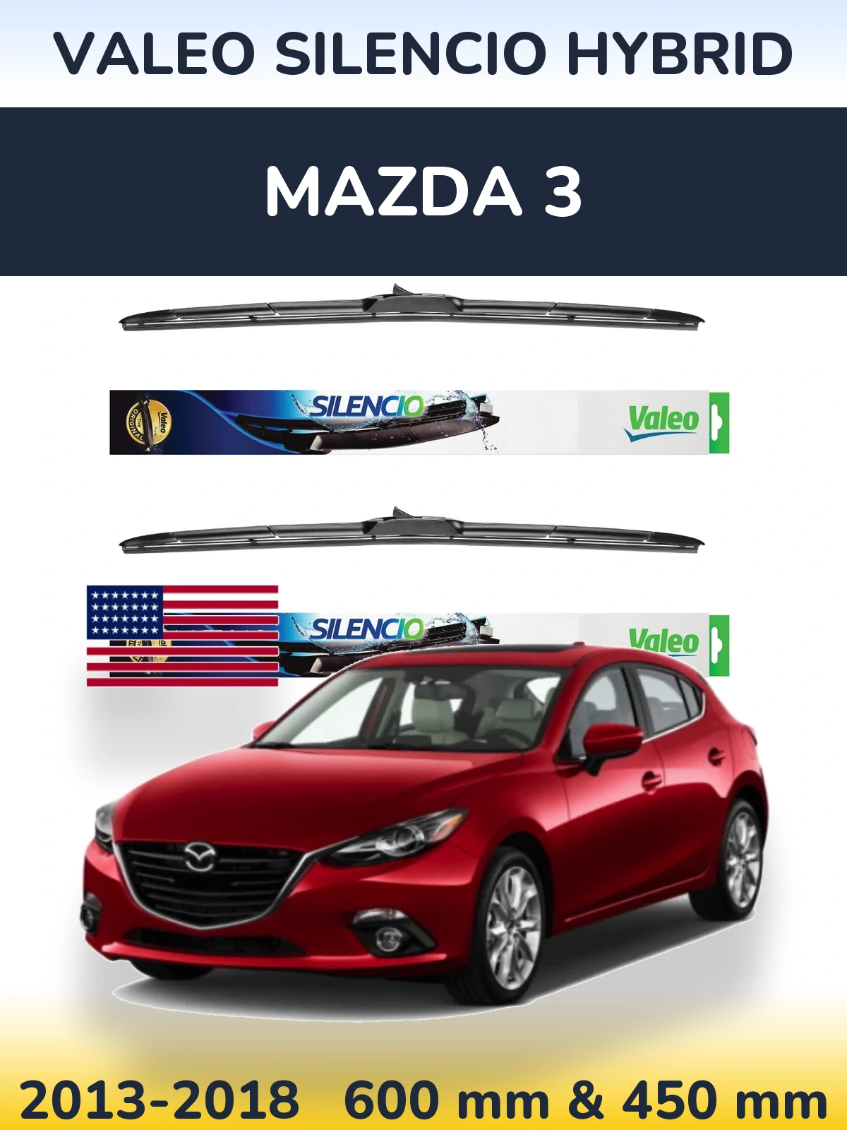 Sada předních stěračů Valeo Silencio Hybrid 600 a 450 mm pro Mazda 3 2013-2018