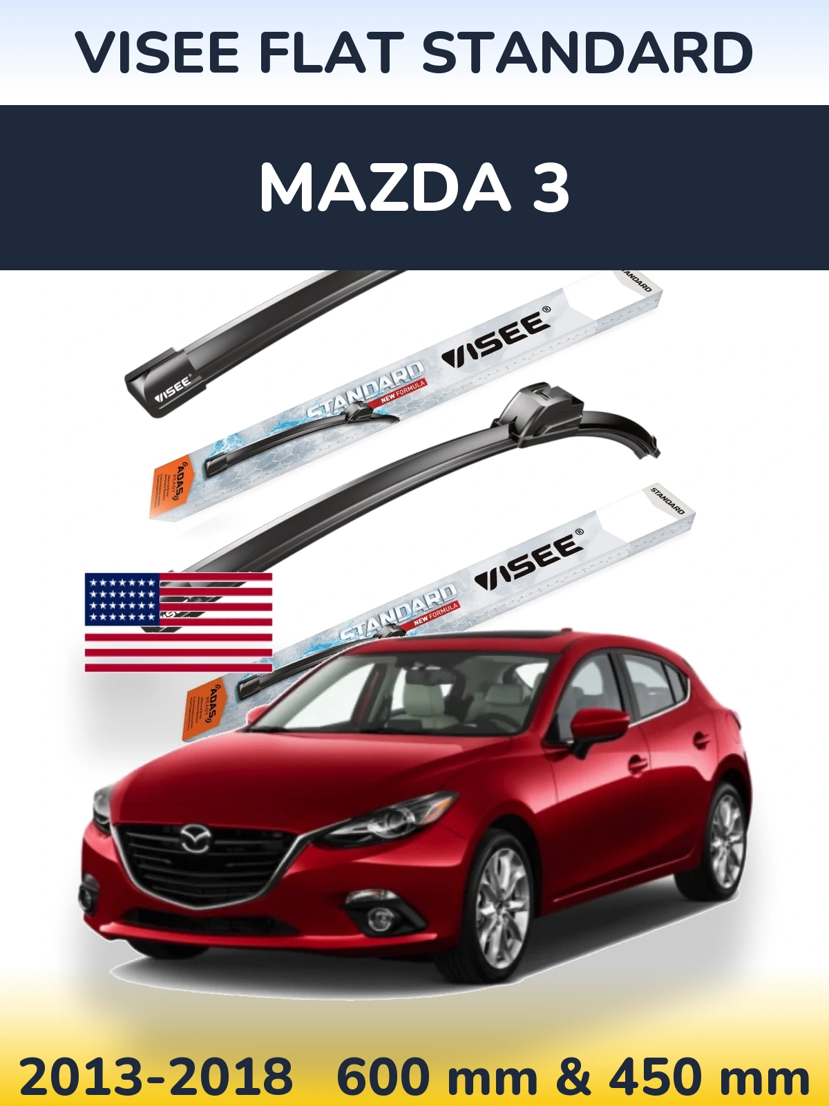 Sada předních stěračů VISEE FLAT STANDARD 600 a 450 mm pro Mazda 3 2013-2018