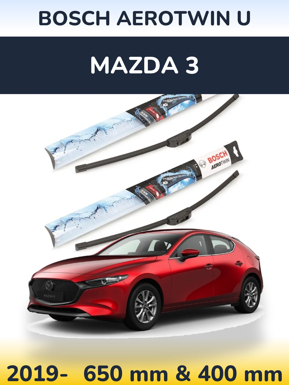 Sada předních stěračů BOSCH AeroTwin U 650 a 400 mm pro Mazda 3 2019-2026