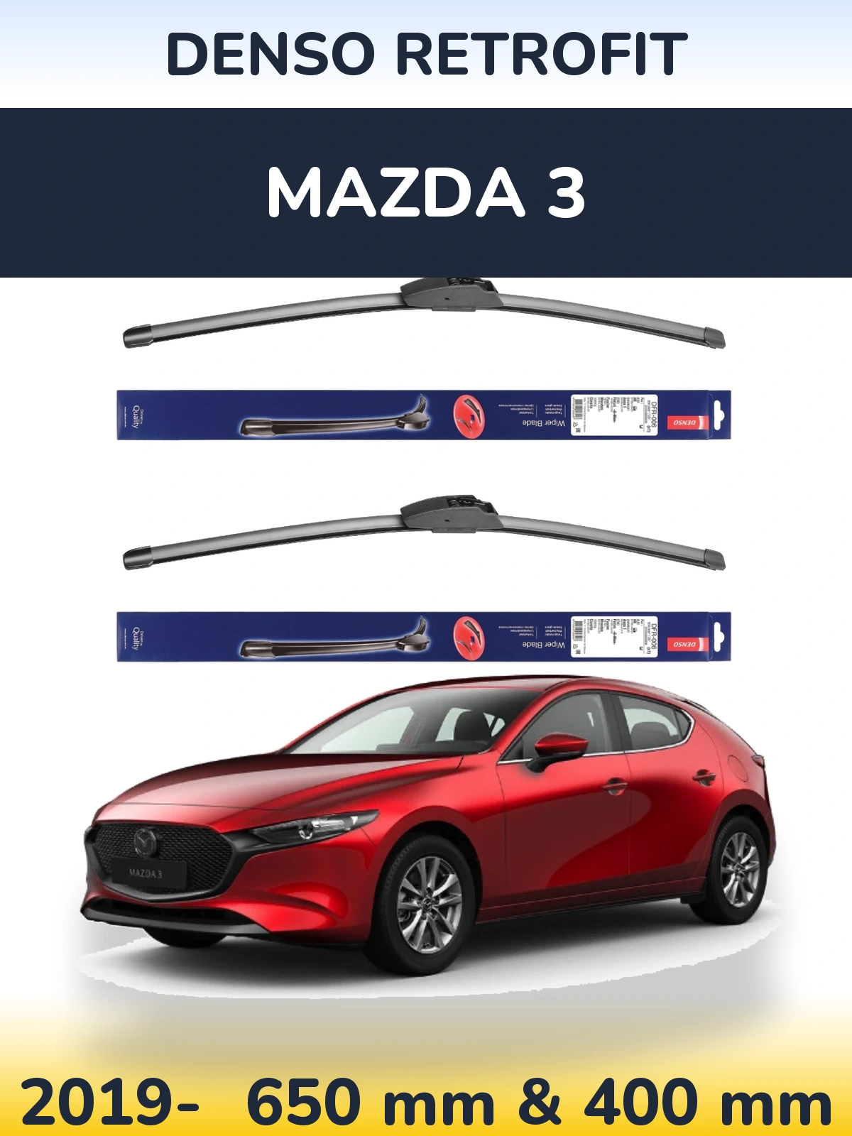 Sada předních stěračů Denso Retrofit 650 a 400 mm pro Mazda 3 2019-2026