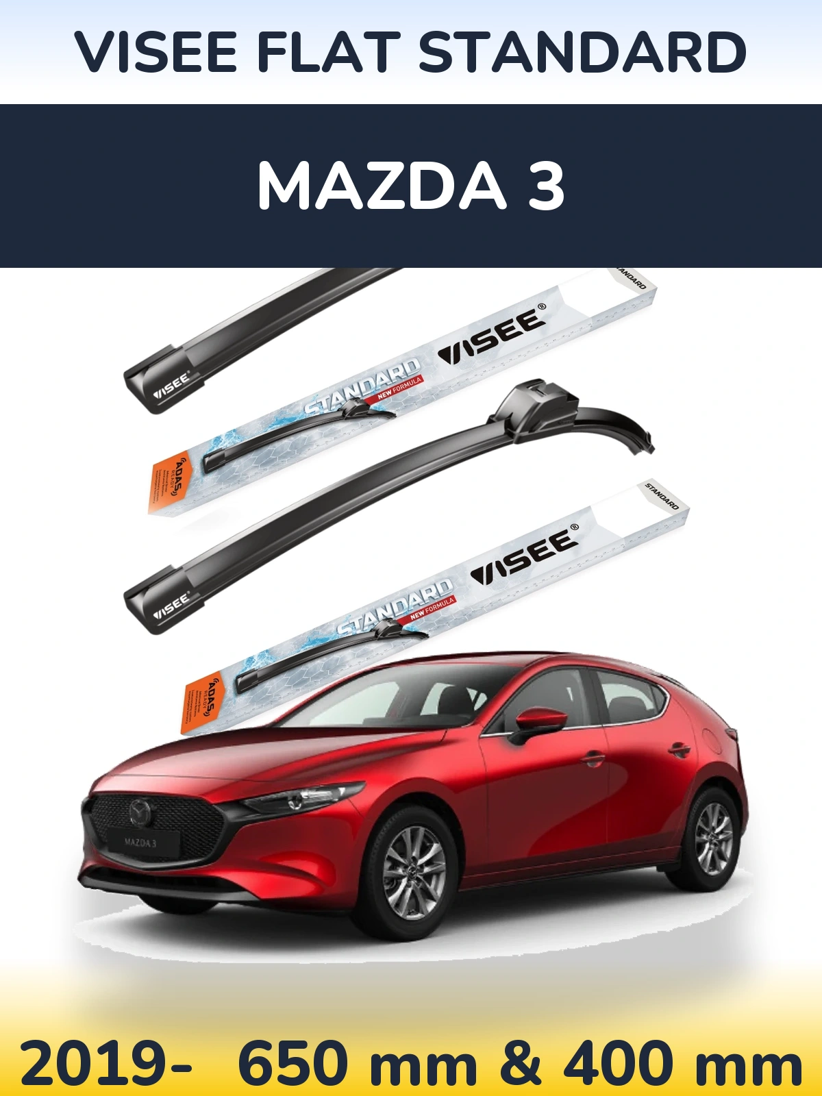 Sada předních stěračů VISEE FLAT STANDARD 650 a 400 mm pro Mazda 3 2019-2026