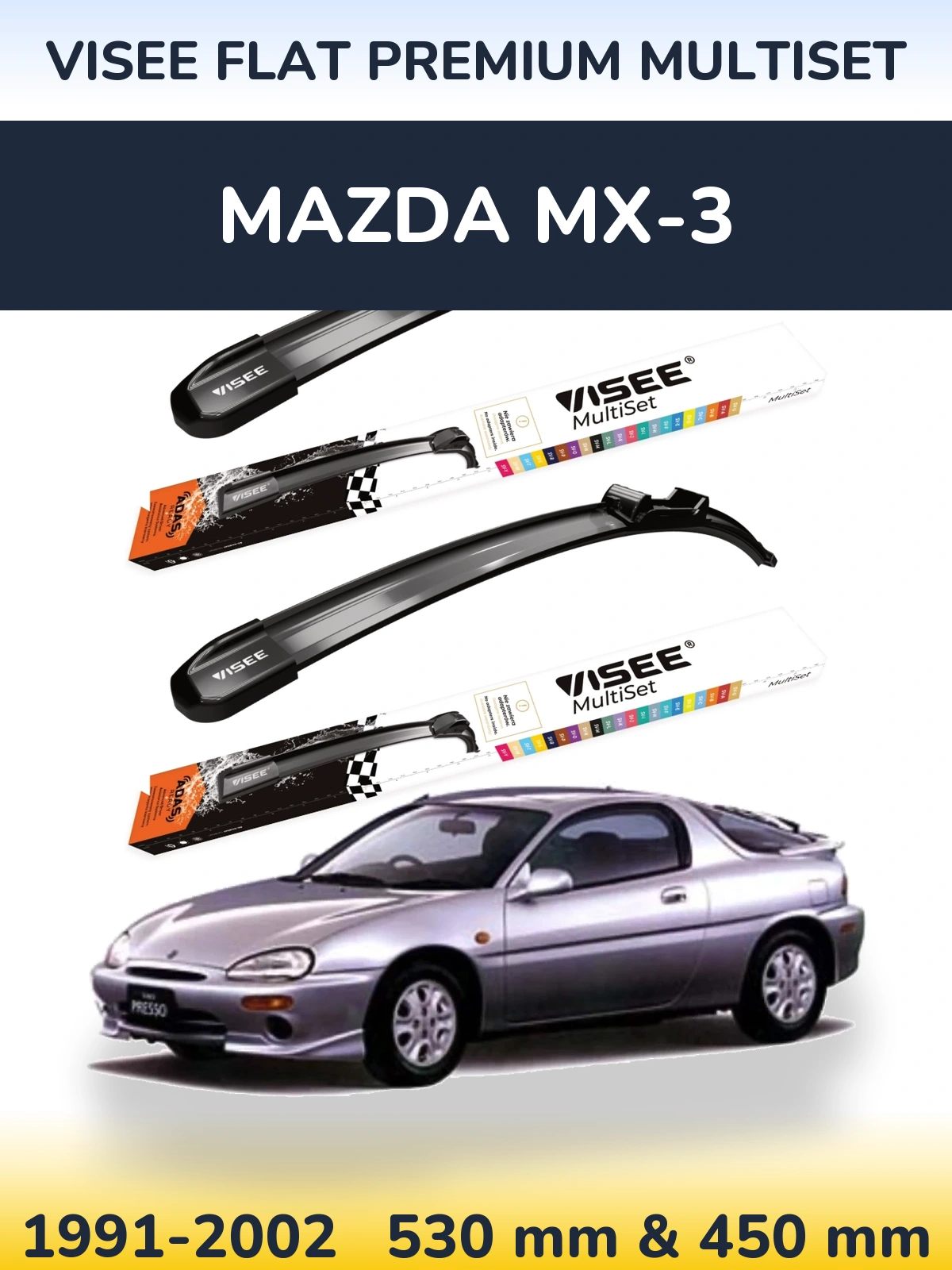 Sada předních stěračů VISEE FLAT PREMIUM MultiSet 530 a 450 mm pro Mazda MX-3 1991-2002