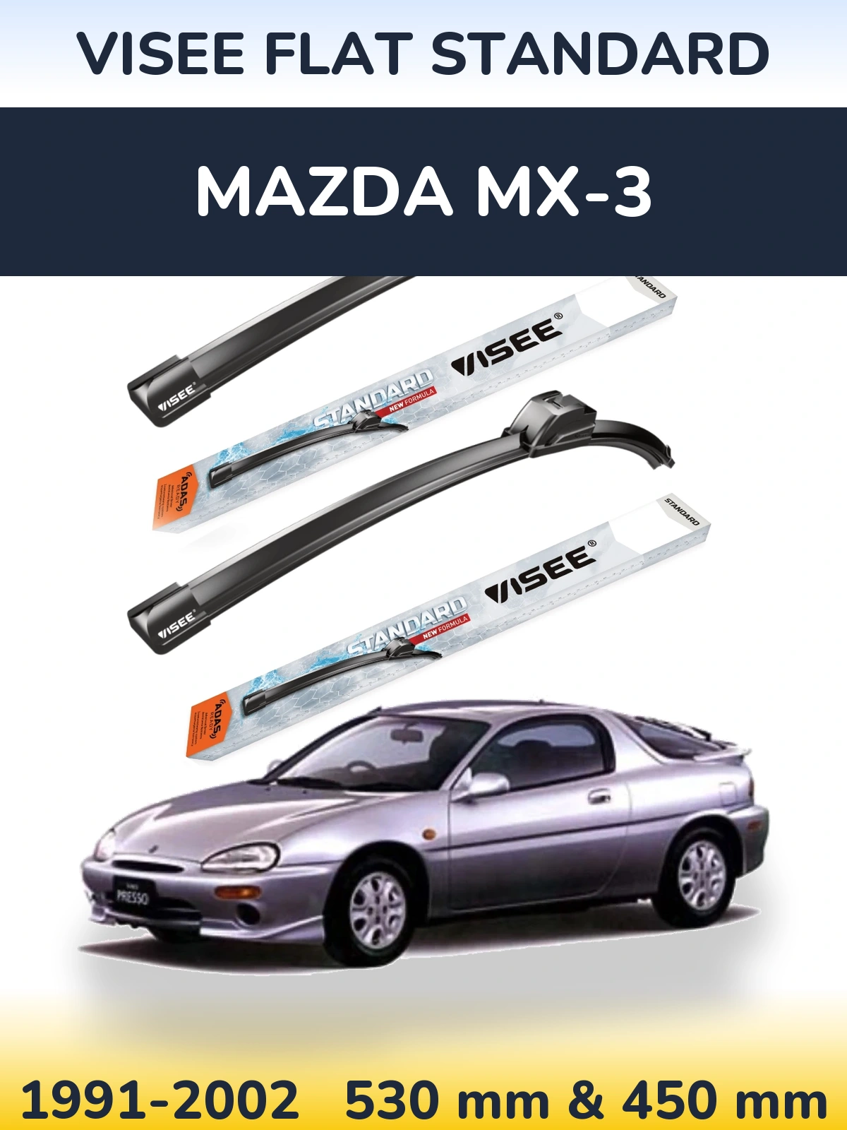 Sada předních stěračů VISEE FLAT STANDARD 530 a 450 mm pro Mazda MX-3 1991-2002