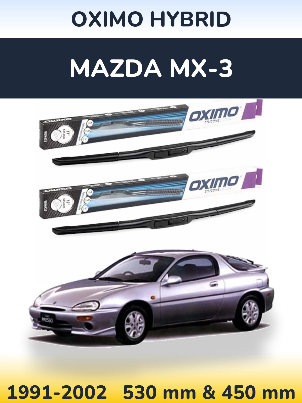 Sada předních stěračů Oximo Hybrid 530 a 450 mm pro Mazda MX-3 1991-2002
