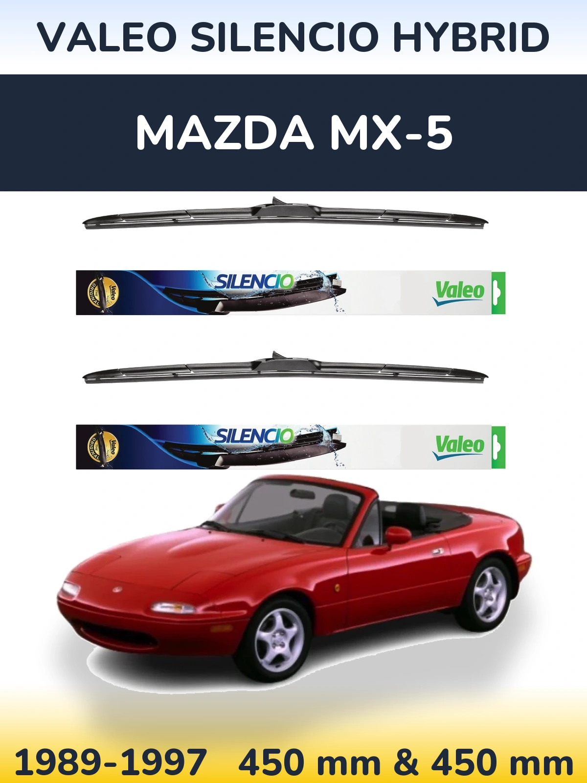 Sada předních stěračů Valeo Silencio Hybrid 450 a 450 mm pro Mazda MX-5 1989-1997