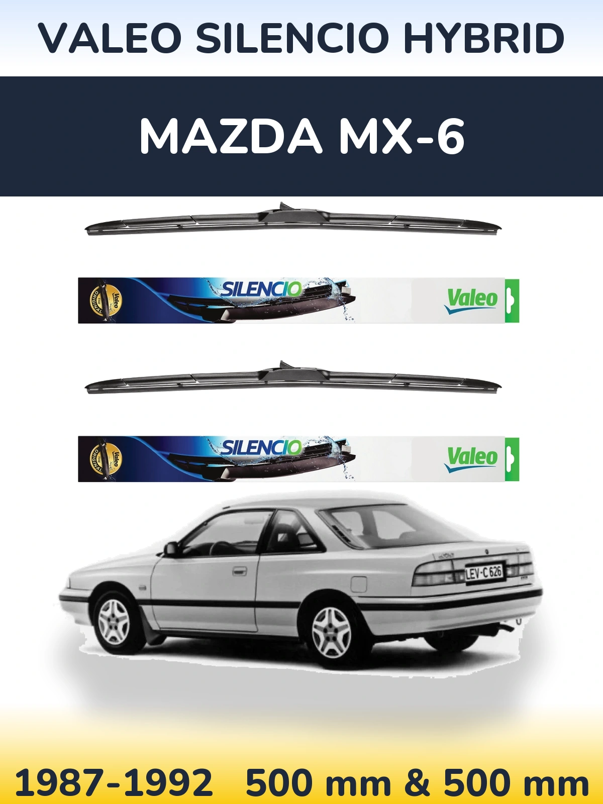 Sada předních stěračů Valeo Silencio Hybrid 500 a 500 mm pro Mazda MX-6 1987-1992