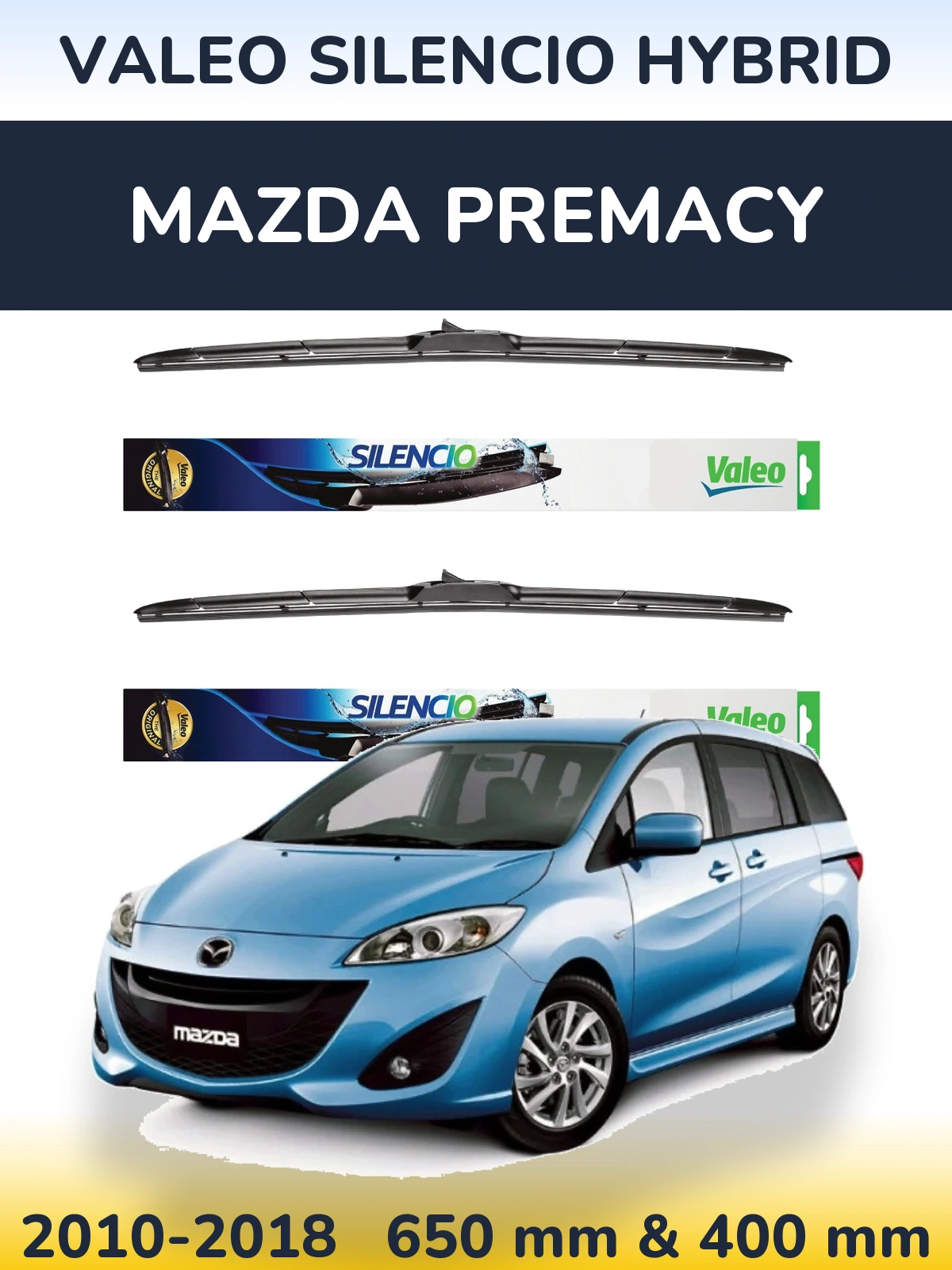 Sada předních stěračů Valeo Silencio Hybrid 650 a 400 mm pro Mazda Premacy 2010-2018