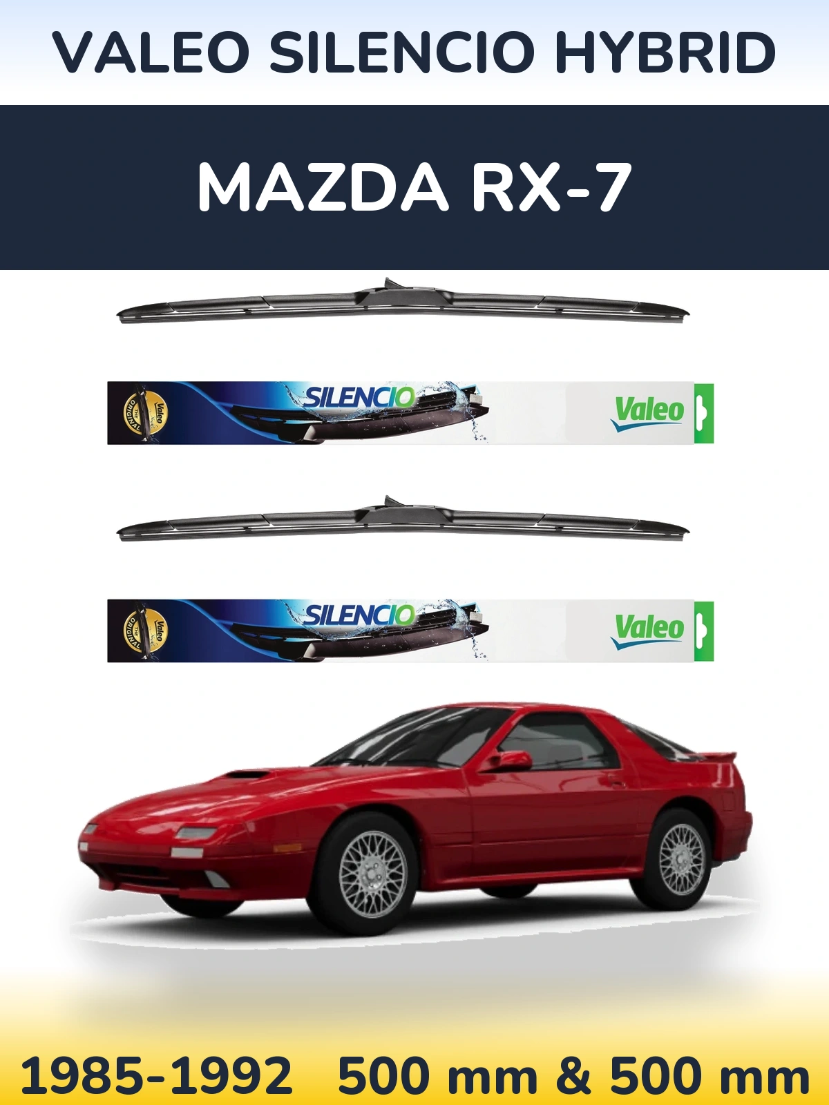 Sada předních stěračů Valeo Silencio Hybrid 500 a 500 mm pro Mazda RX-7 1985-1992