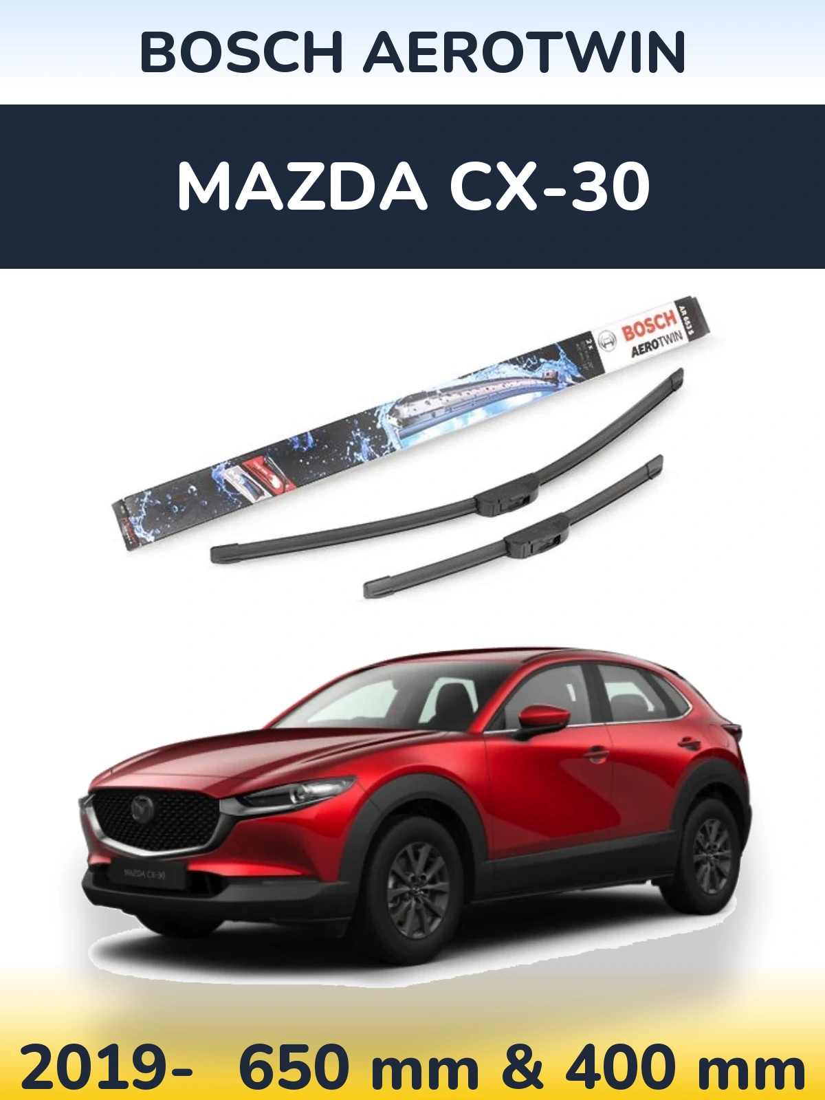 Sada předních stěračů BOSCH AeroTwin 650 a 400 mm pro Mazda CX-30 2019-2026