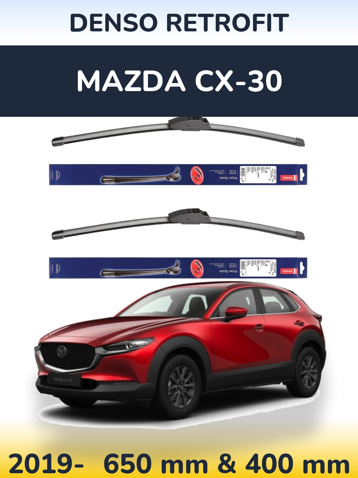 Sada předních stěračů Denso Retrofit 650 a 400 mm pro Mazda CX-30 2019-2026