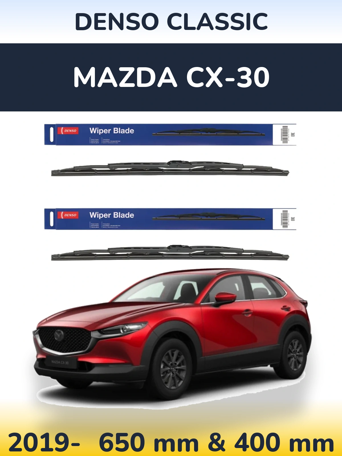 Sada předních stěračů Denso Classic 650 a 400 mm pro Mazda CX-30 2019-2026