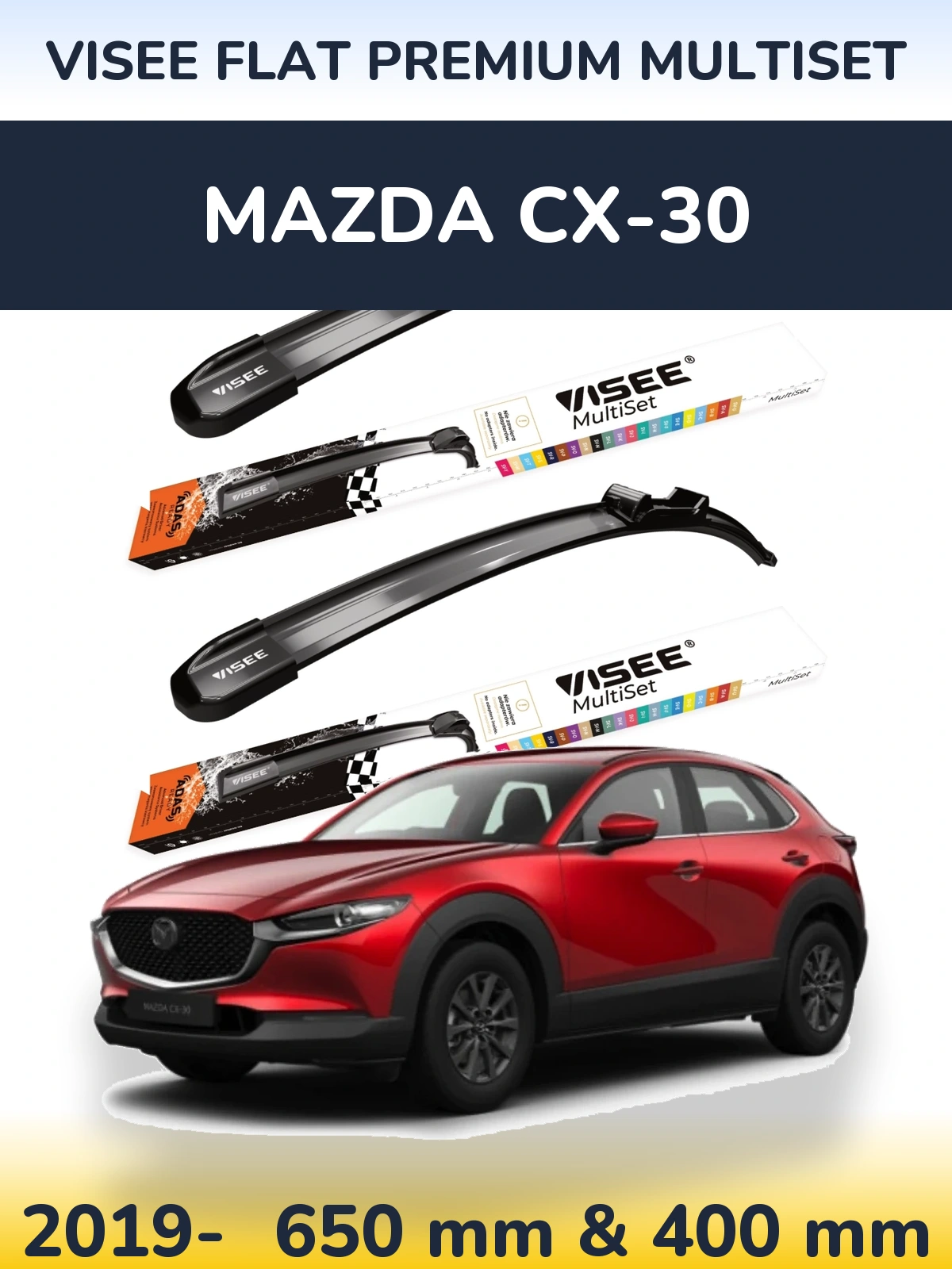 Sada předních stěračů VISEE FLAT PREMIUM MultiSet 650 a 400 mm pro Mazda CX-30 2019-2026