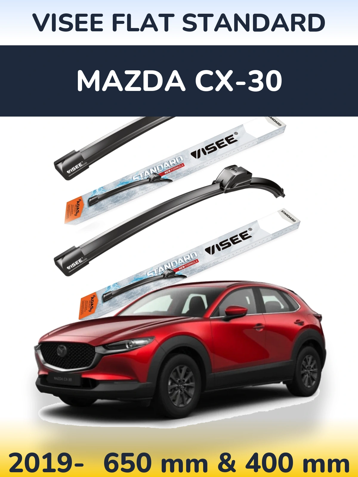 Sada předních stěračů VISEE FLAT STANDARD 650 a 400 mm pro Mazda CX-30 2019-2026