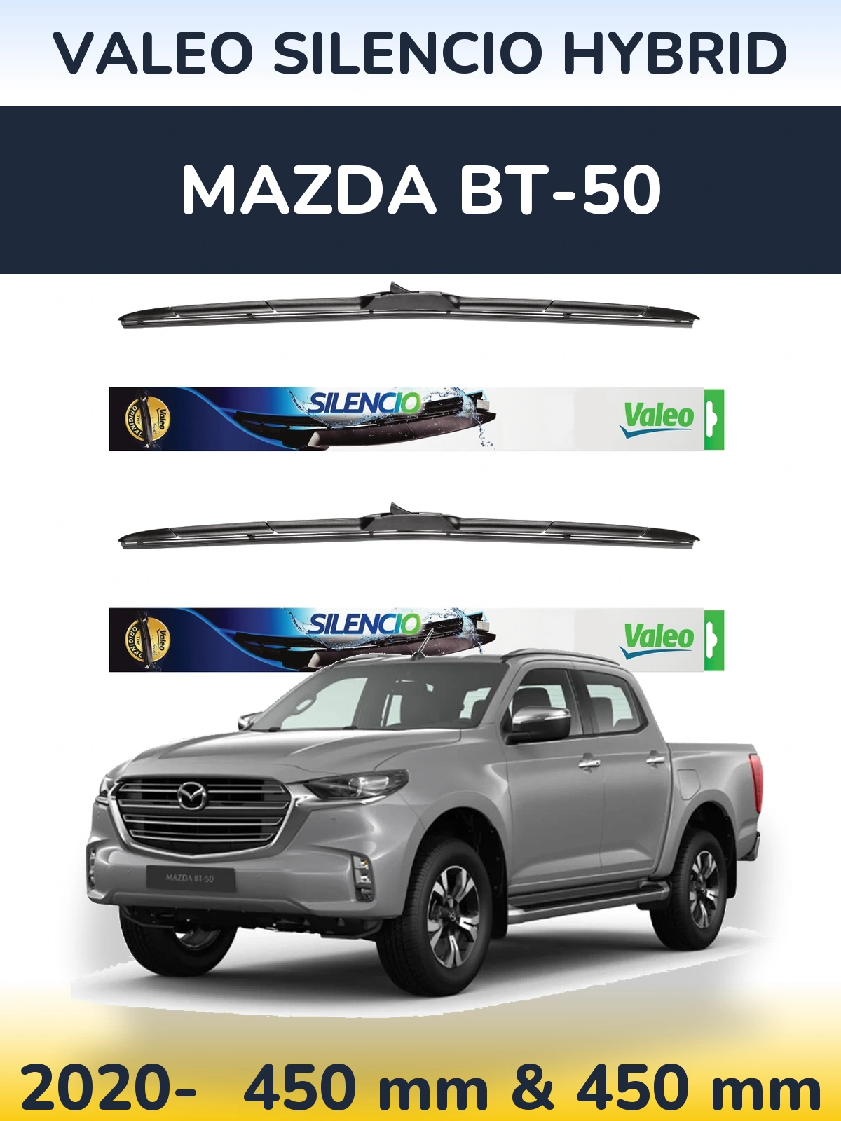 Sada předních stěračů Valeo Silencio Hybrid 450 a 450 mm pro Mazda BT-50 2020-2026