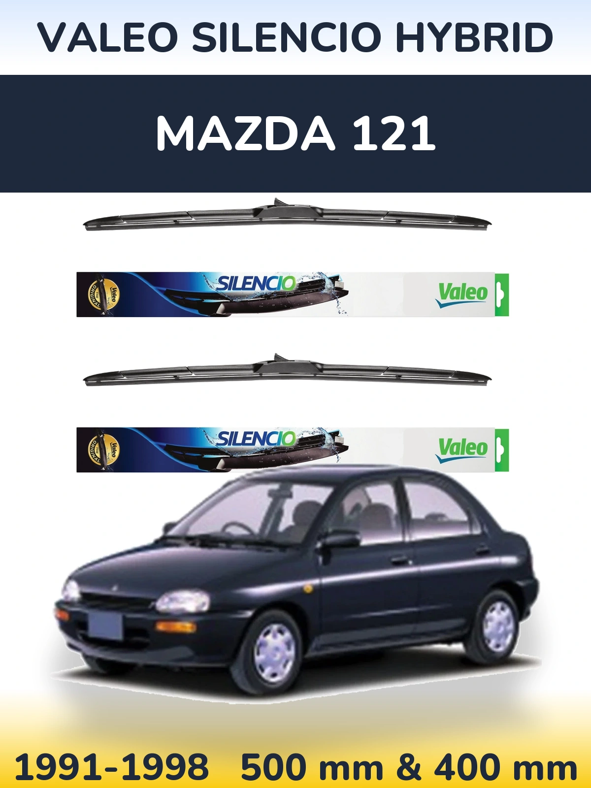 Sada předních stěračů Valeo Silencio Hybrid 500 a 400 mm pro Mazda 121 1991-1998
