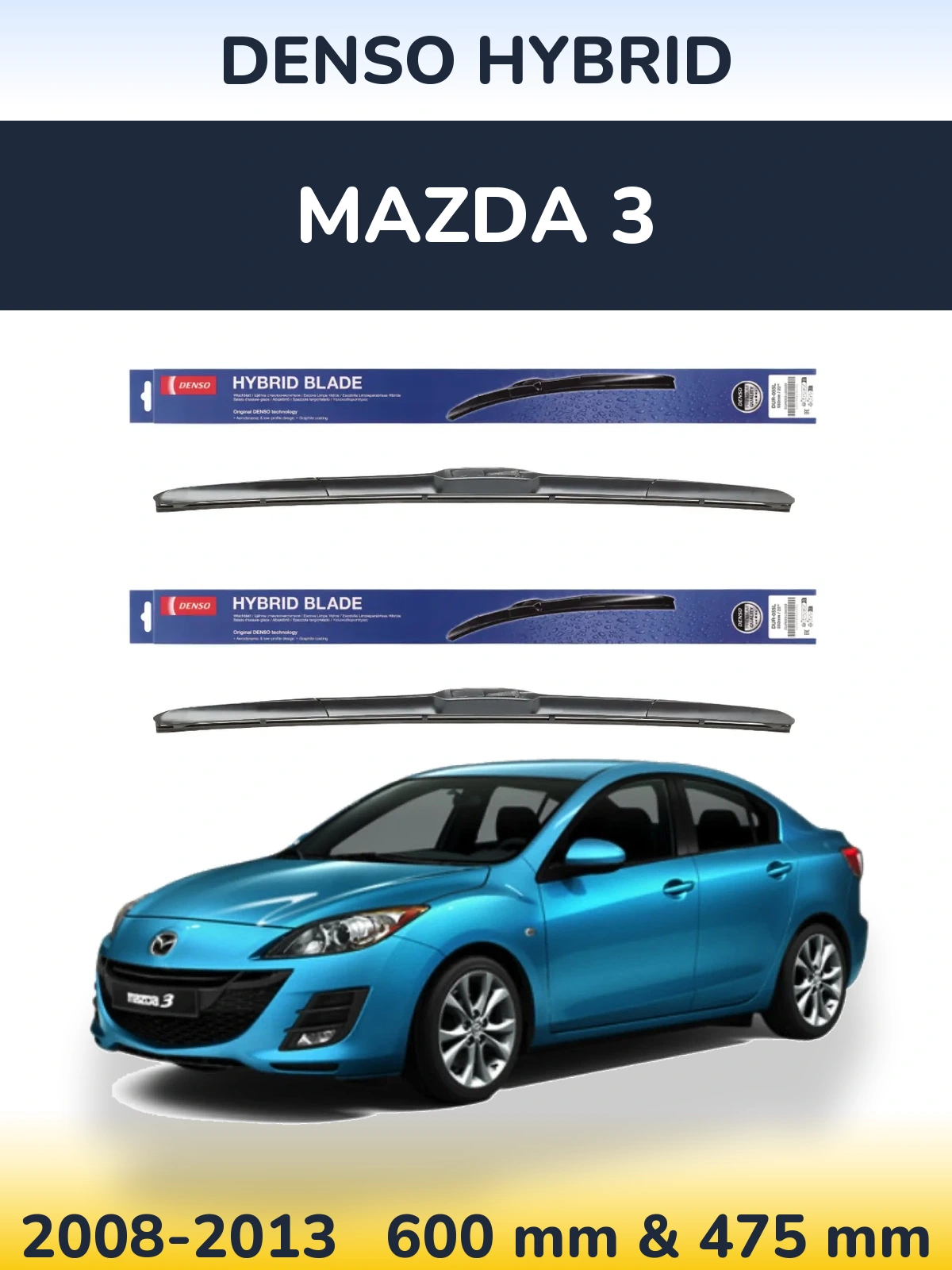 Sada předních stěračů Denso Hybrid 600 a 475 mm pro Mazda 3 2008-2013