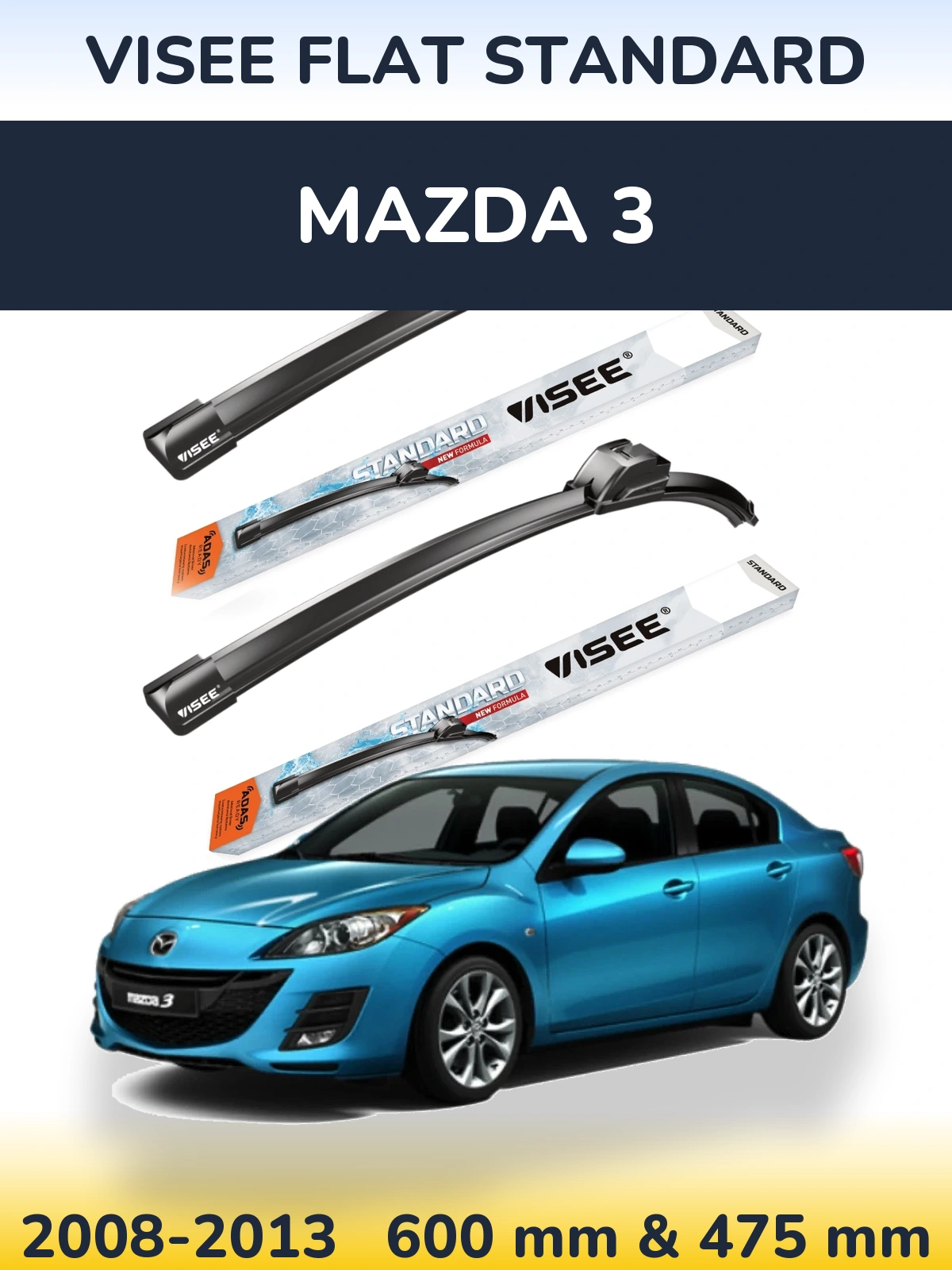 Sada předních stěračů VISEE FLAT STANDARD 600 a 475 mm pro Mazda 3 2008-2013