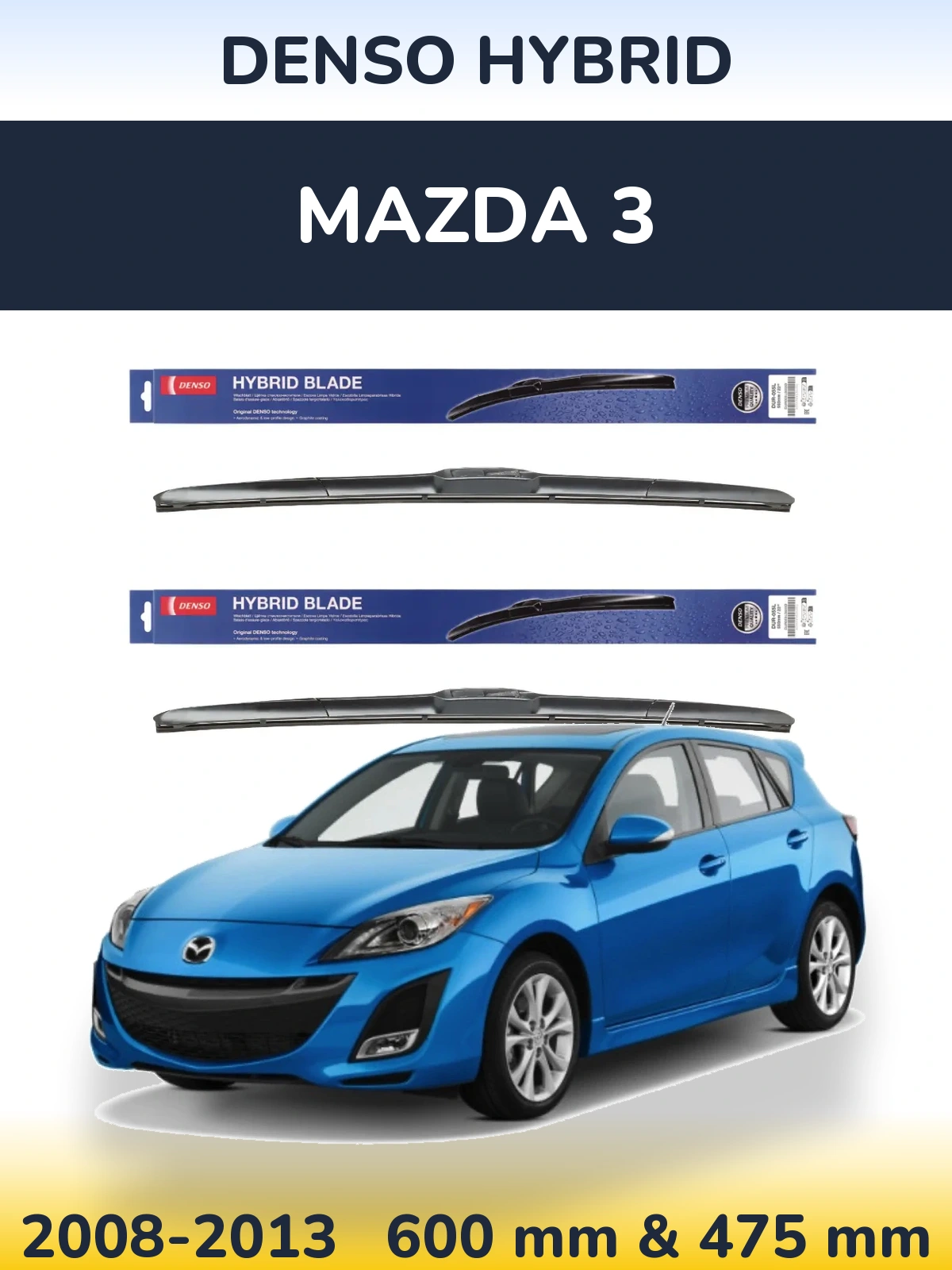 Sada předních stěračů Denso Hybrid 600 a 475 mm pro Mazda 3 2008-2013