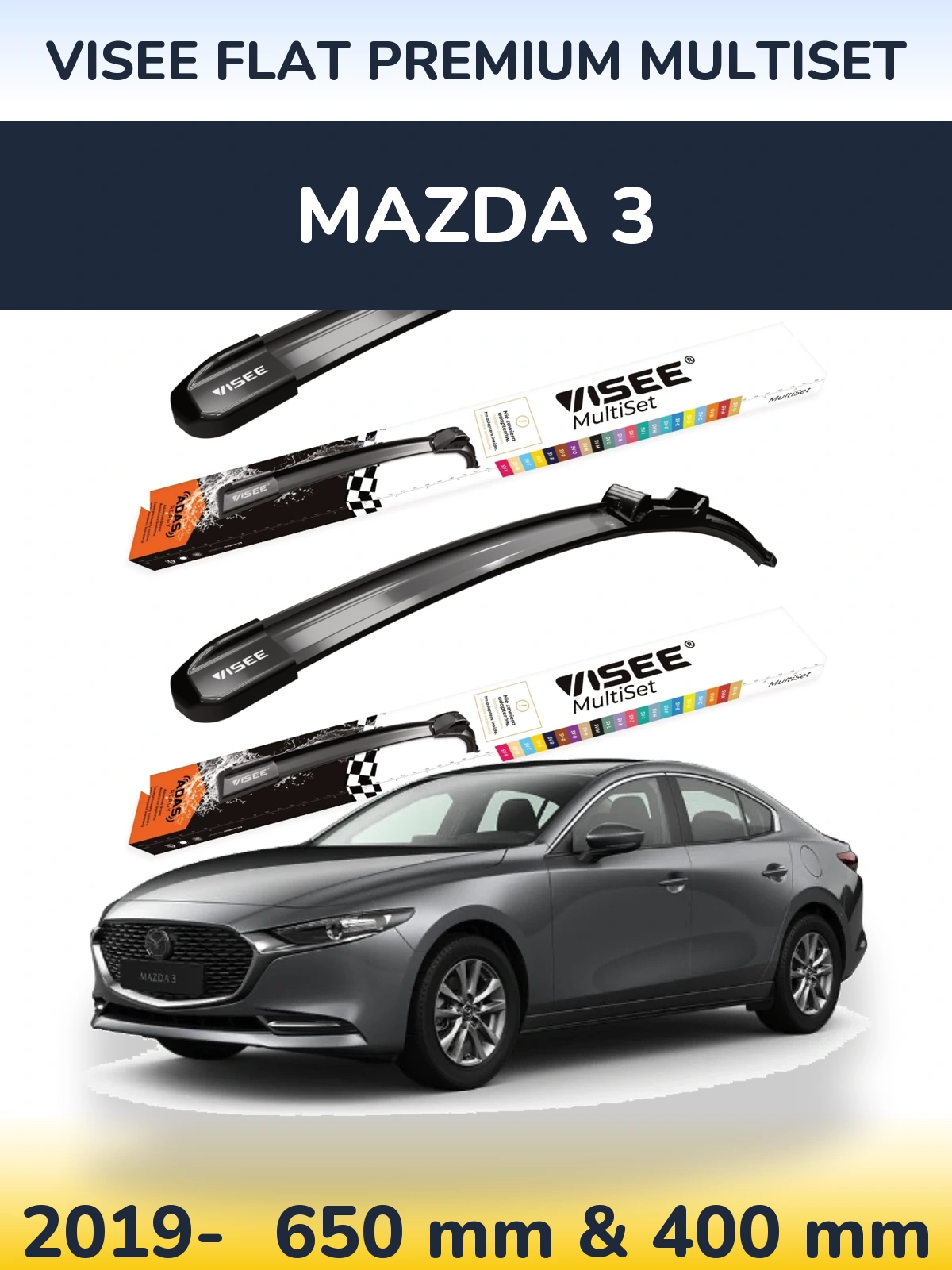 Sada předních stěračů VISEE FLAT PREMIUM MultiSet 650 a 400 mm pro Mazda 3 2019-2026