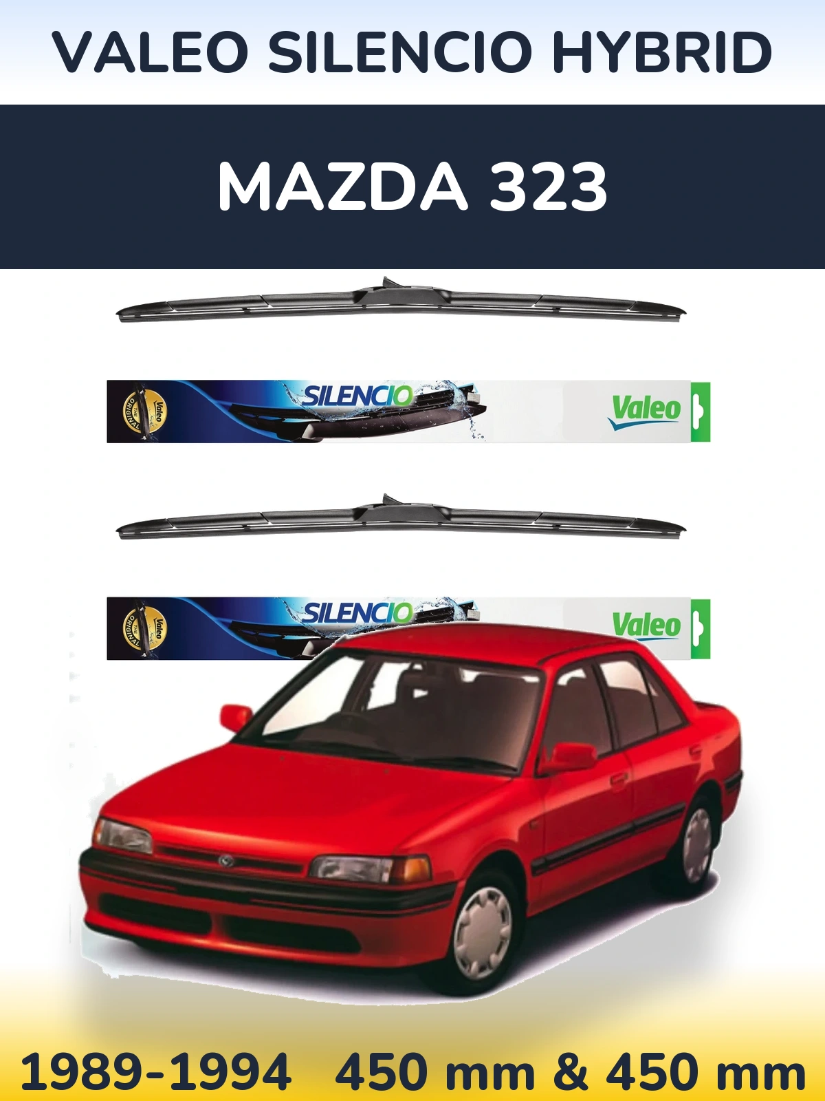 Sada předních stěračů Valeo Silencio Hybrid 450 a 450 mm pro Mazda 323 1989-1994