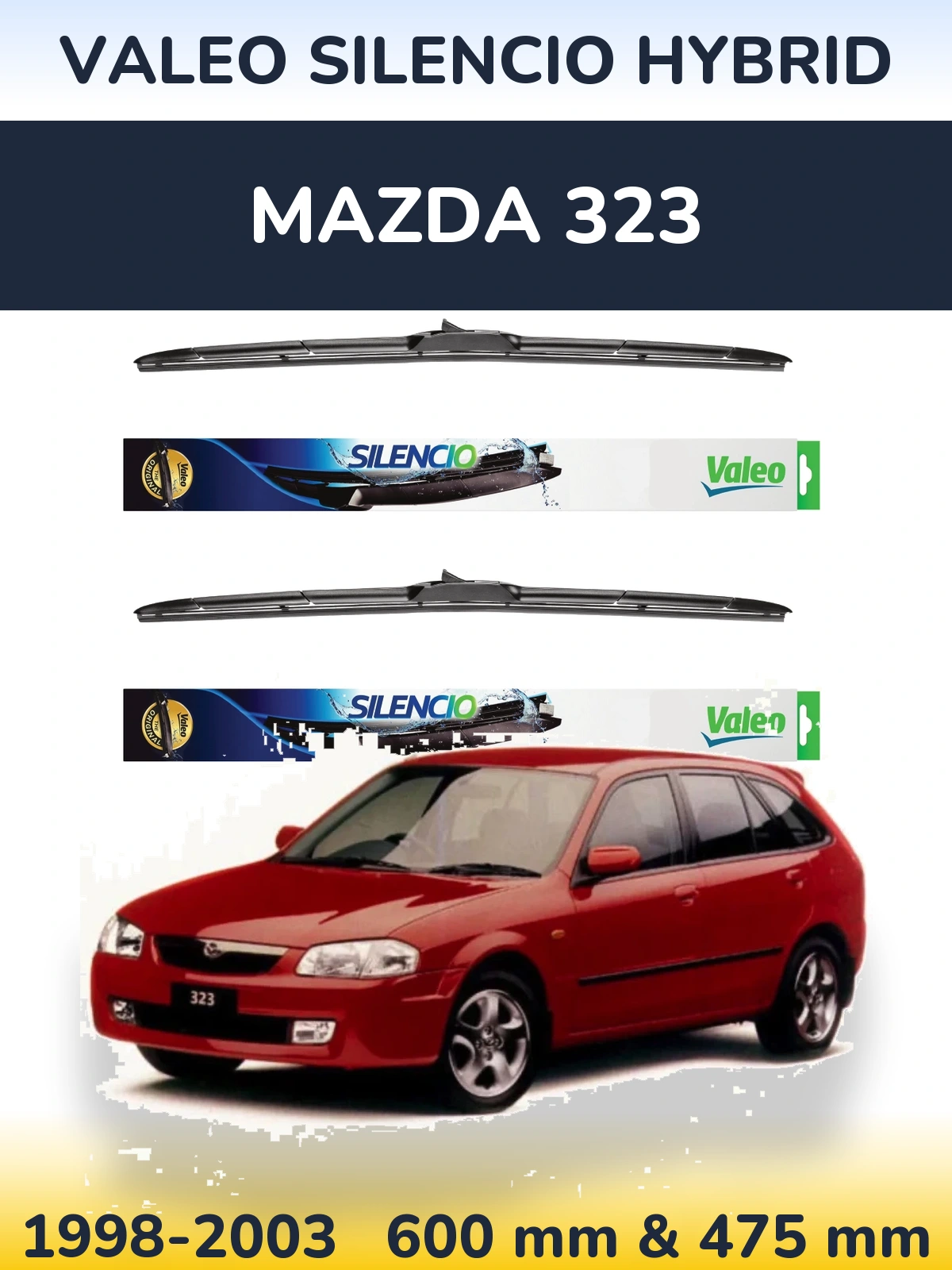 Sada předních stěračů Valeo Silencio Hybrid 600 a 475 mm pro Mazda 323 1998-2003
