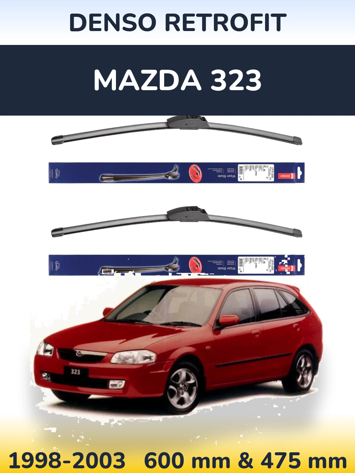 Sada předních stěračů Denso Retrofit 600 a 475 mm pro Mazda 323 1998-2003