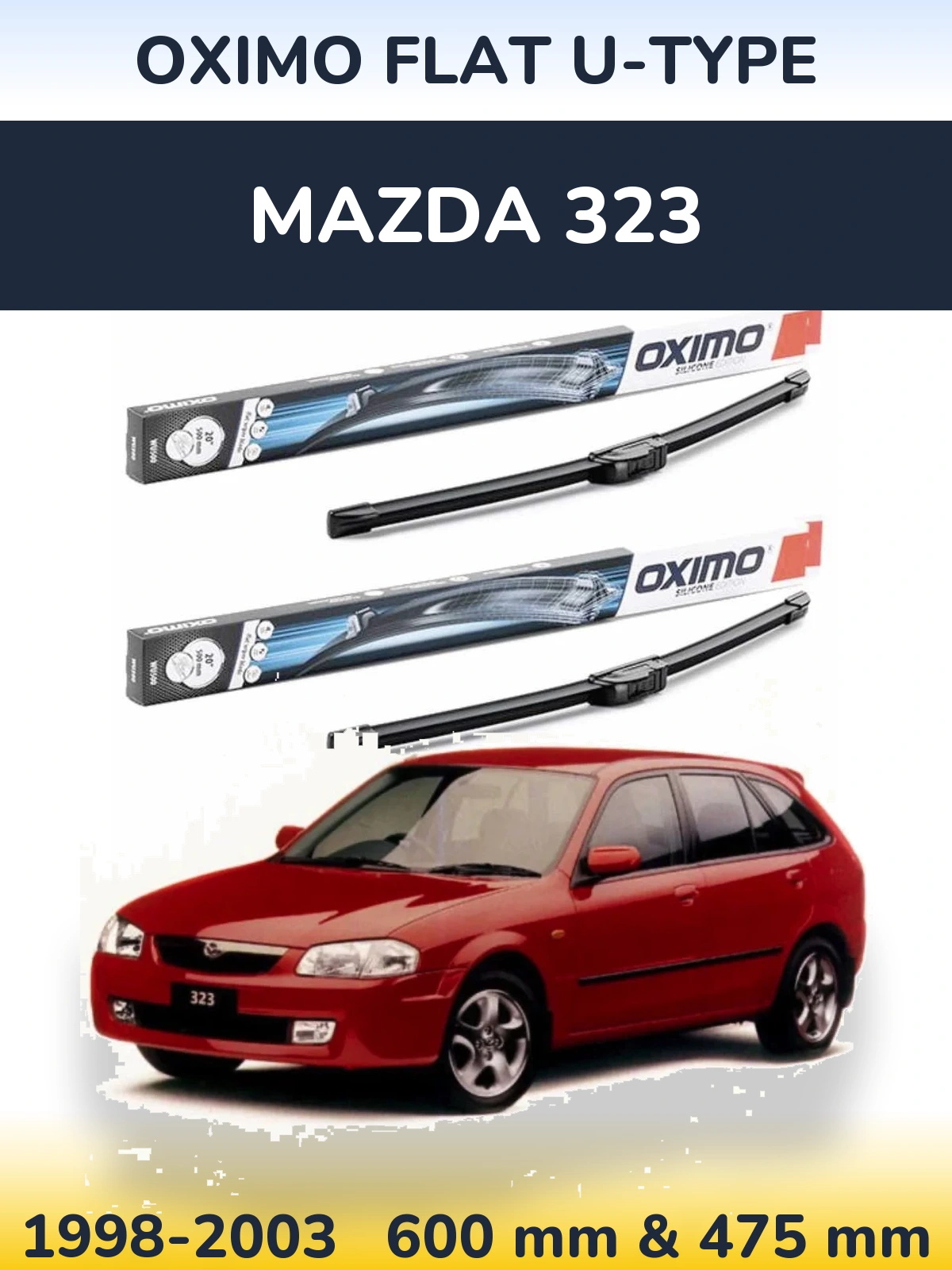 Sada předních stěračů Oximo Flat U-type 600 a 475 mm pro Mazda 323 1998-2003
