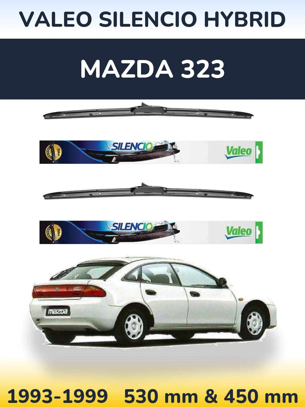 Sada předních stěračů Valeo Silencio Hybrid 530 a 450 mm pro Mazda 323 1993-1999