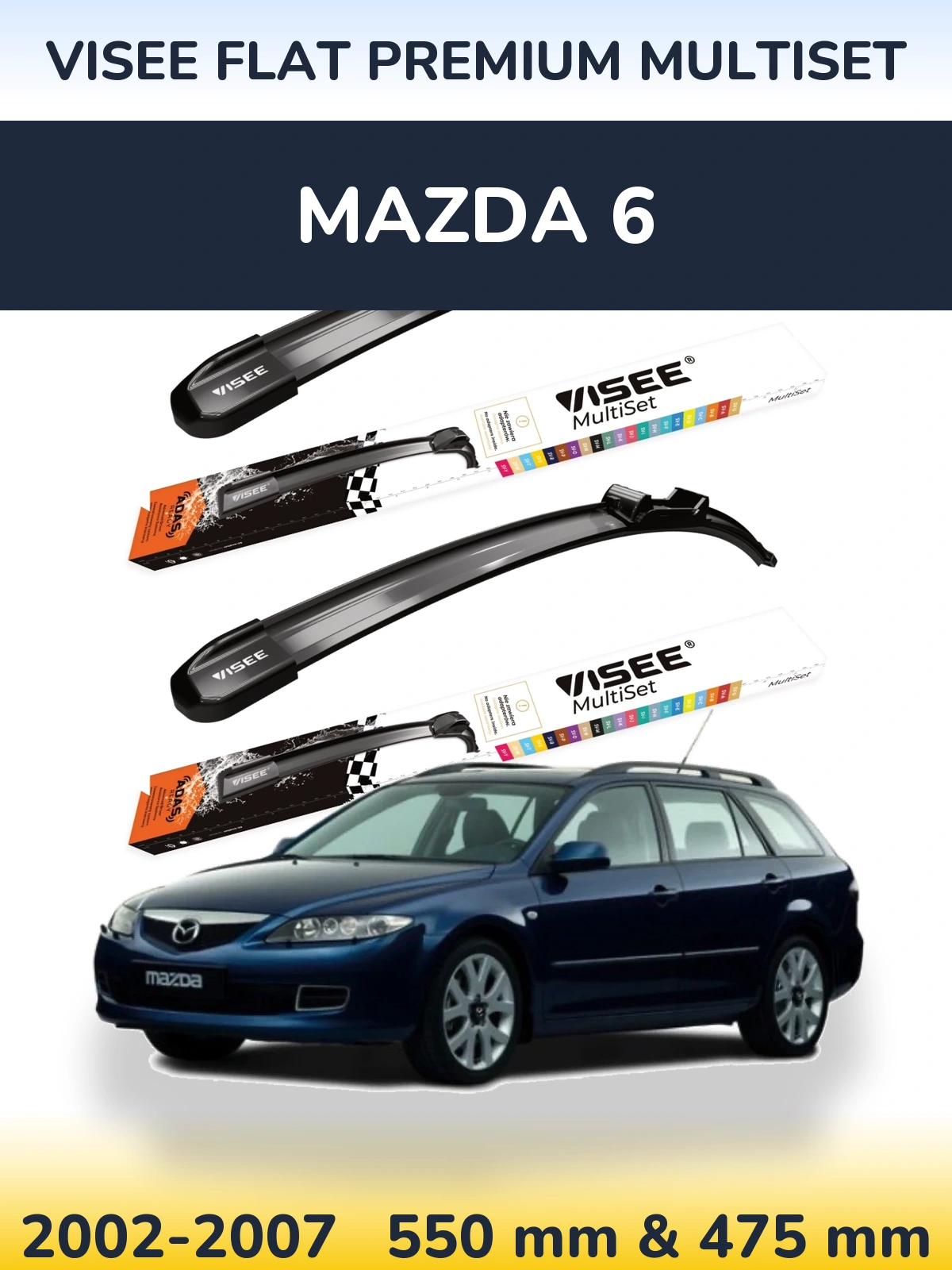 Sada předních stěračů VISEE FLAT PREMIUM MultiSet 550 a 475 mm pro Mazda 6 2002-2007