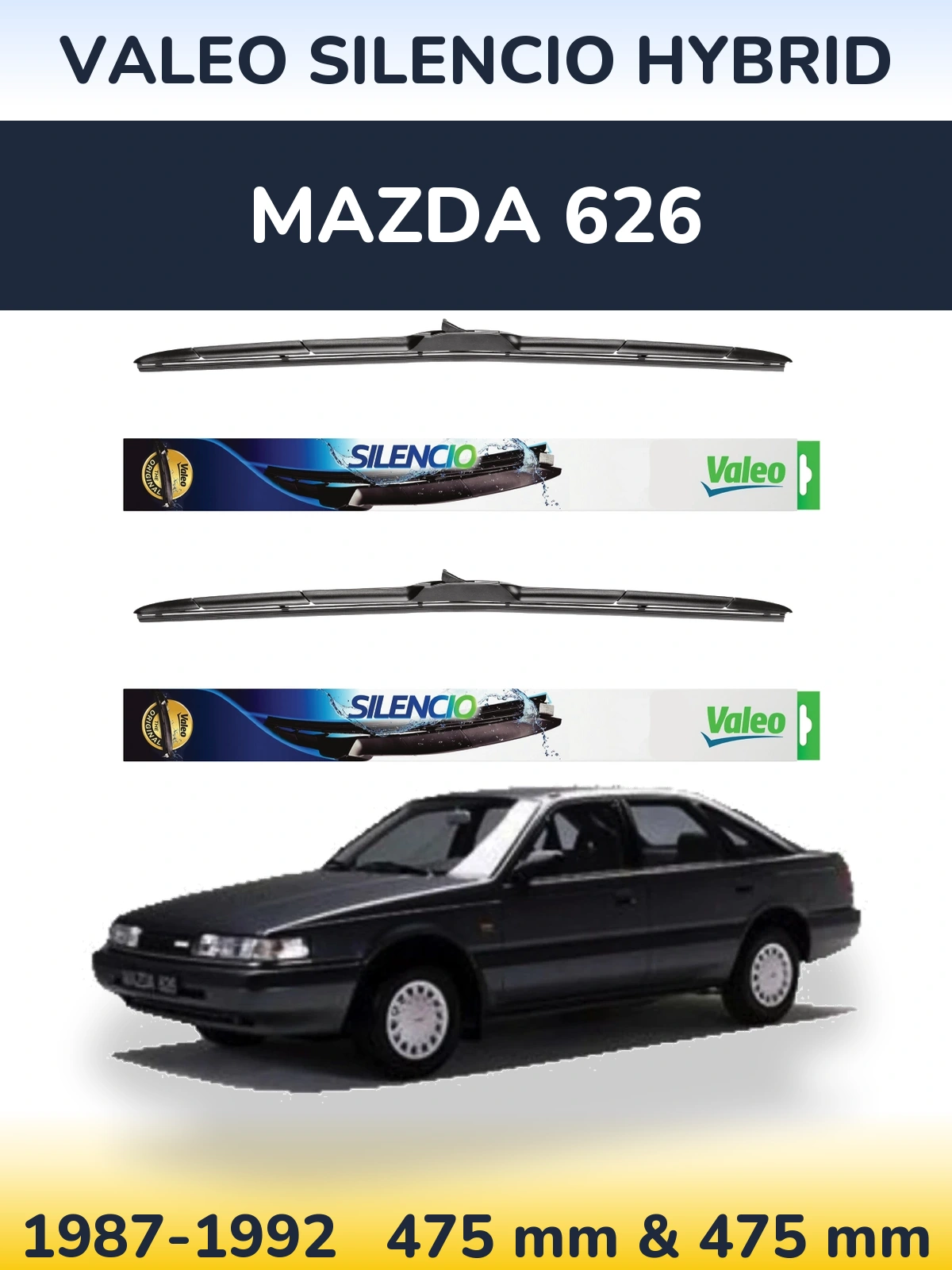 Sada předních stěračů Valeo Silencio Hybrid 475 a 475 mm pro Mazda 626 1987-1992